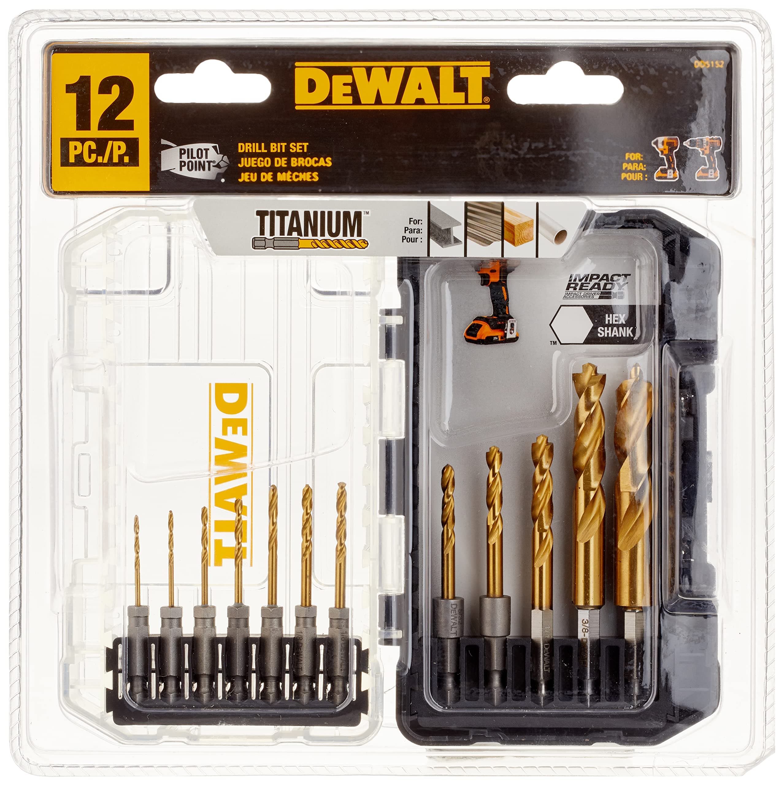Drill Bit Set, Titanium Impact Ready, Ideal for Metal, Wood, and Plastic, 12 Piece (DD5152)