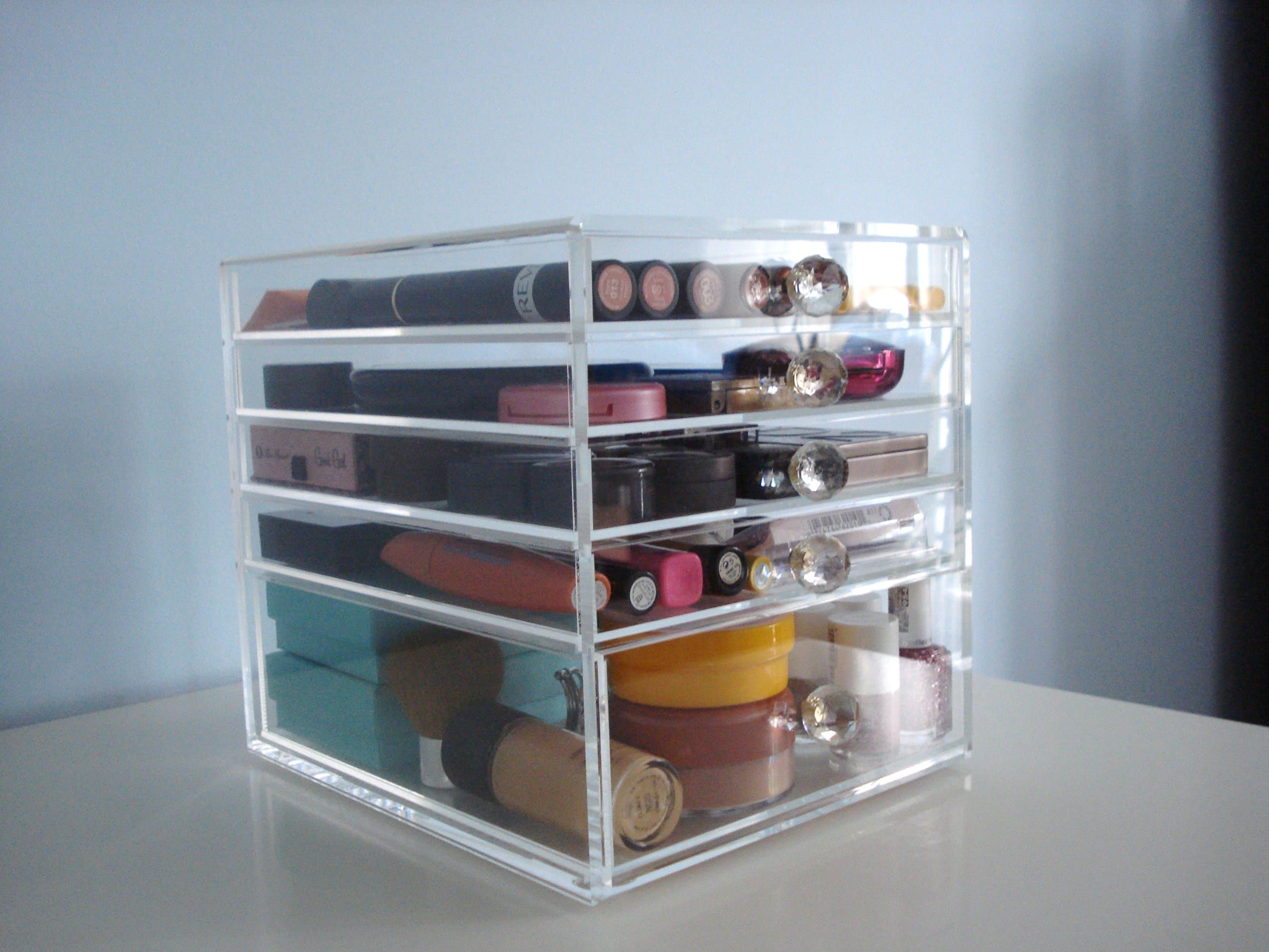 ACRYLIC MAKEUP COSMETICS ORGANIZER 5 DRAWER BEAUTY CUBE STORAGE CASE (Crystal Knobs (Handles))