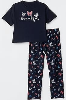 T2F Girls Cotton Printed Oversized Fit Crop Top and Pant Pajama Set