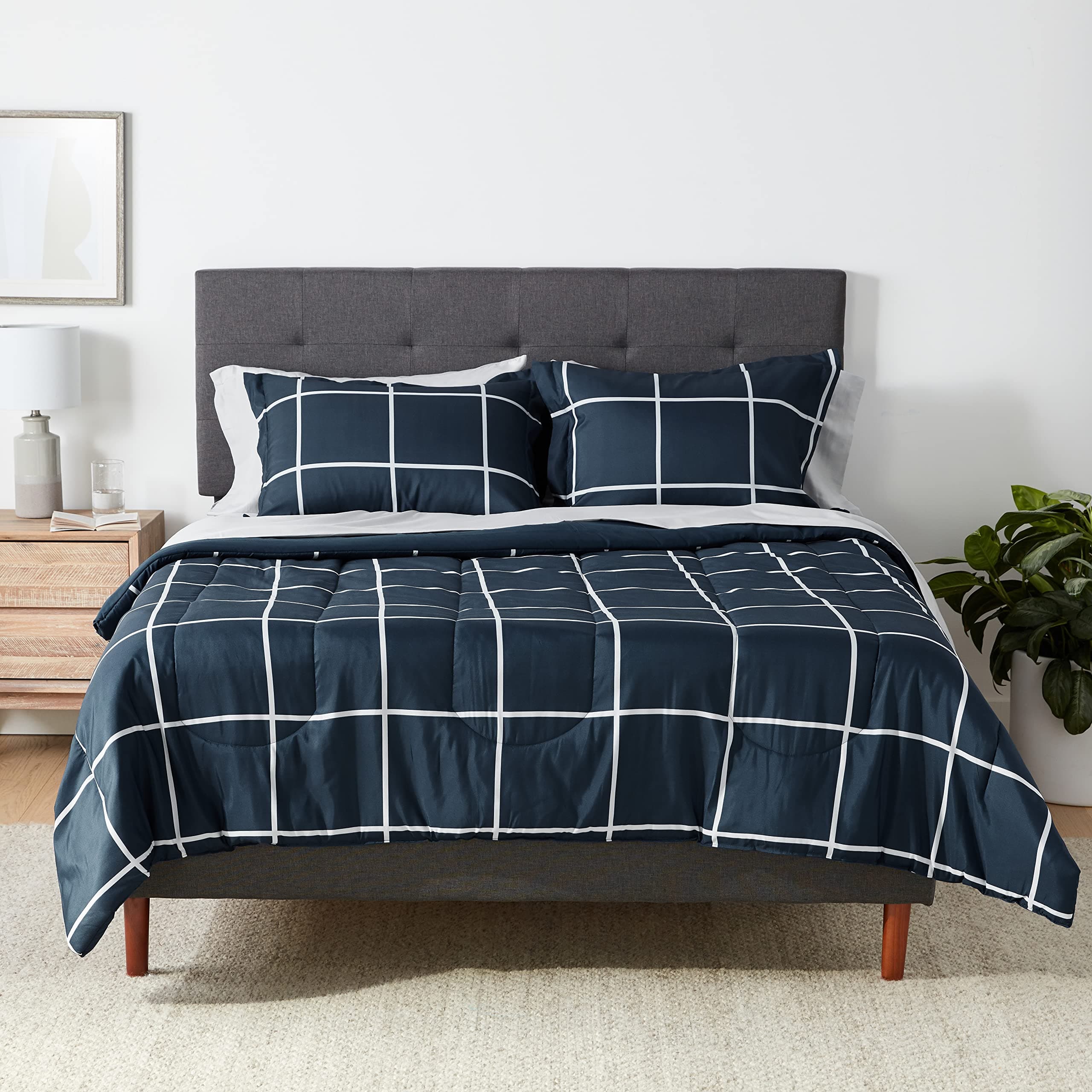 Amazon Basics Full/Queen Comforter Set with Sheets, 7-Piece Navy with Grey Plaid Bedding, Lightweight Microfiber Bed-in-a-Bag