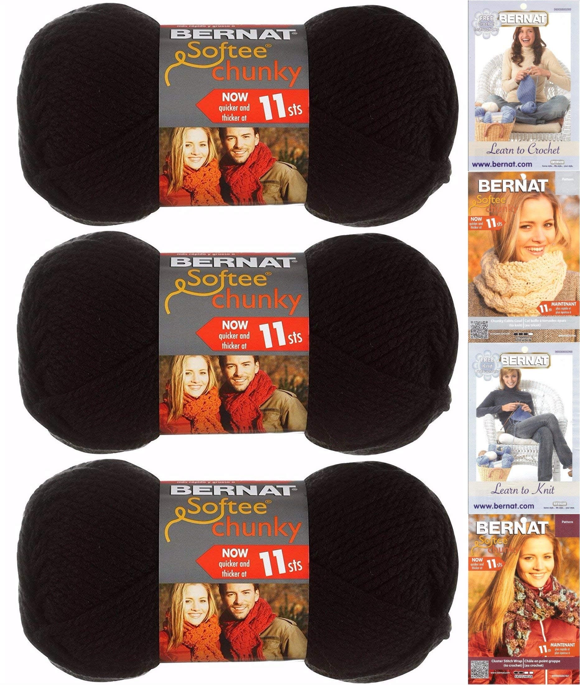 Softee Chunky Yarn Bundle Super Bulky Number 6, 3 Skeins, Black