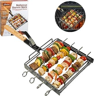 Barbecue Skewer Rack Set w Remoable Handle- Non-stick Stainless Steel Skewers- BBQ Shish Kebabs, Meat, eggies