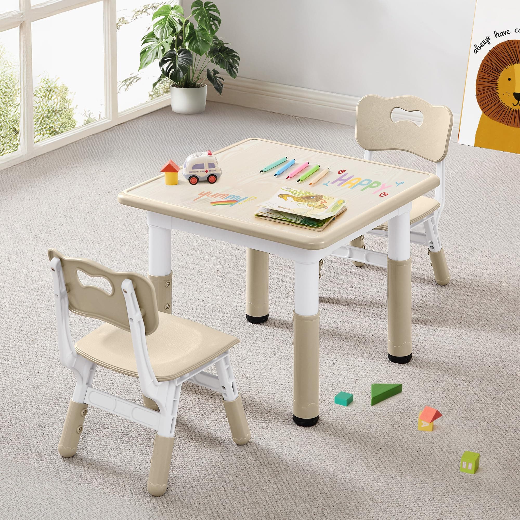 Kids Table & Chairs Set (2 Chairs) Height Adjustable for Ages 2-8 | Non-Slip Toddler Activity Table with Wipe-Clean Desktop, Montessori Learning & Art Drawing Tables for Home Preschool