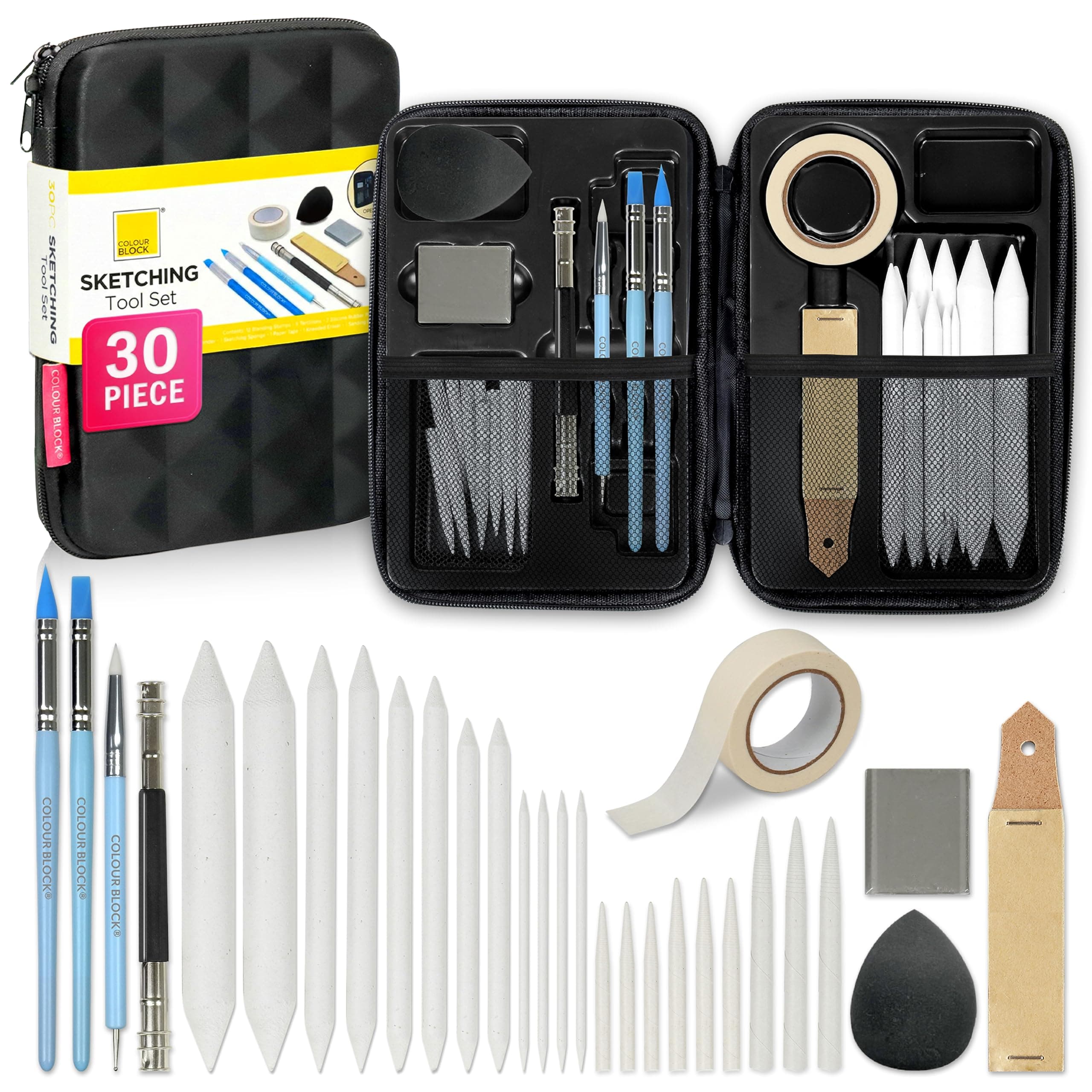 COLOUR BLOCK 30pcs Sketching Tool Set with Soft Pastels Drawing Art Blenders, Blending Stumps, Tortillions, Sandpaper, Sketch Pencil Extender, Rubber Pens