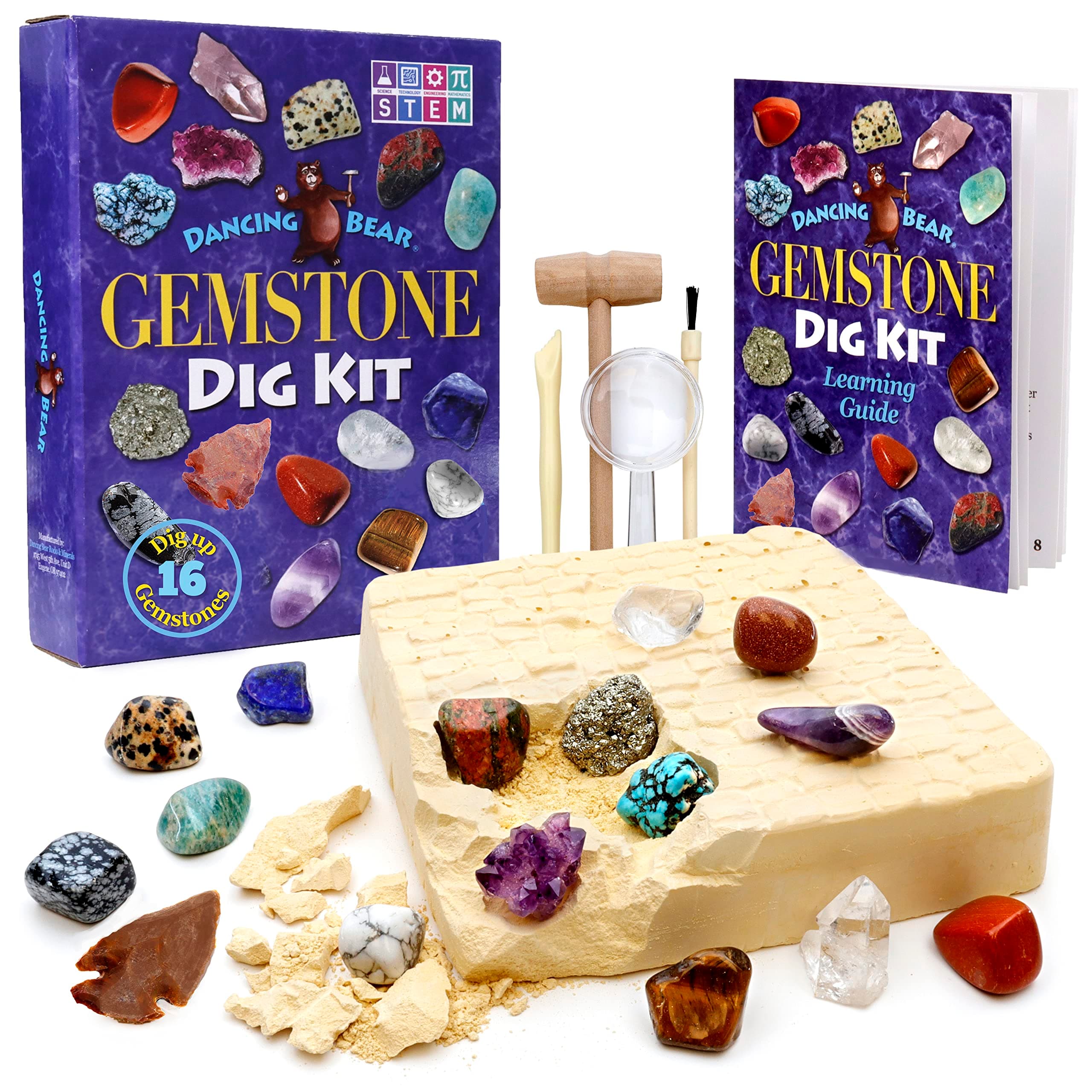 Gem stone Dig Kit, Excavate 16 Real Gems & Crystals including Arrowheads, Quartz Point and Amethyst, STEM Education for Kids, Fun Rock Mining Science Activity Gift Sets for Girls and Boys