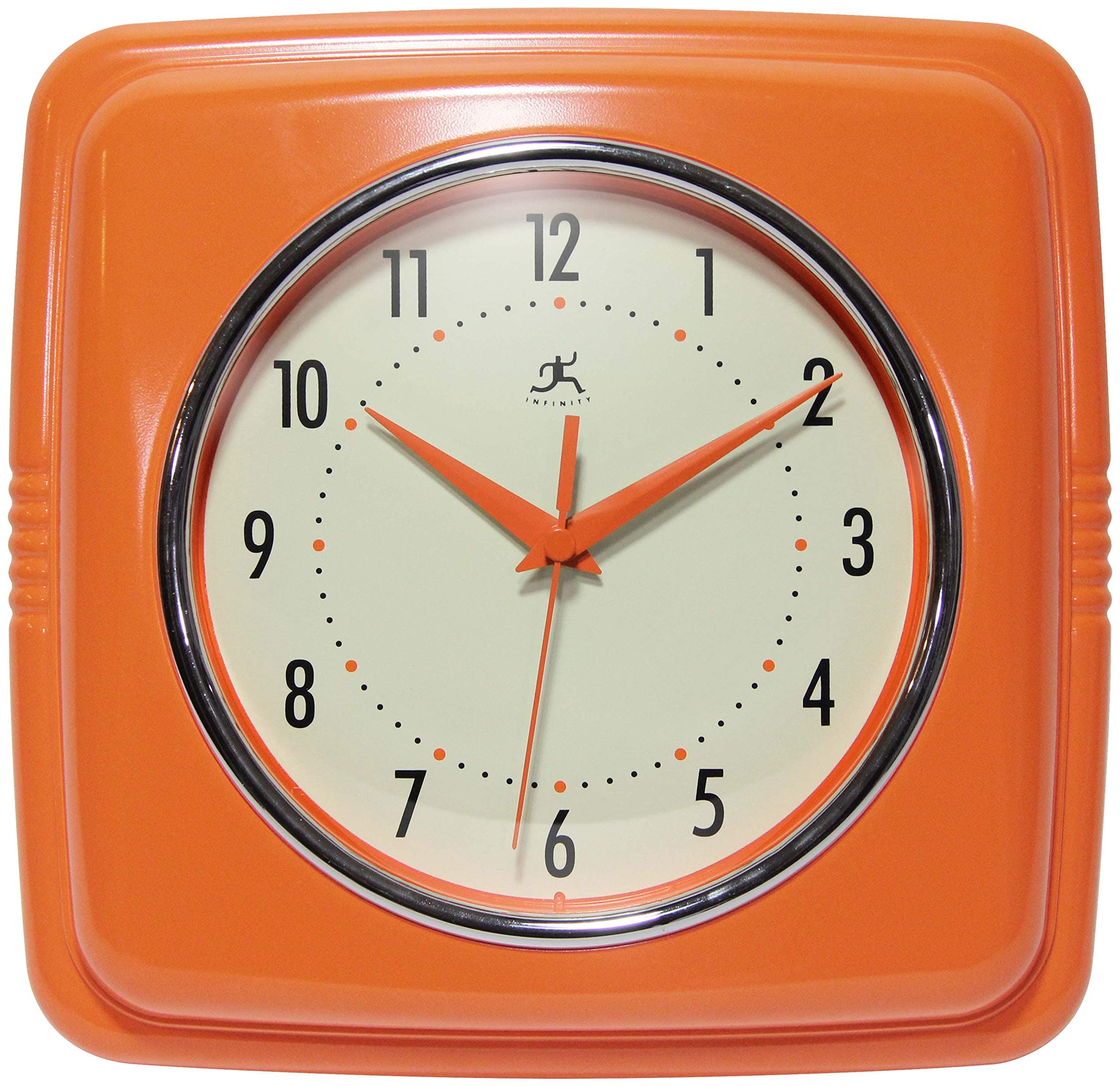 Infinity Instruments Square Silent Retro 9 inch Mid Century Modern Kitchen Diner Retro Wall Clock Quartz Sweep Movement (Orange) (13228OR-4103-AMZ)