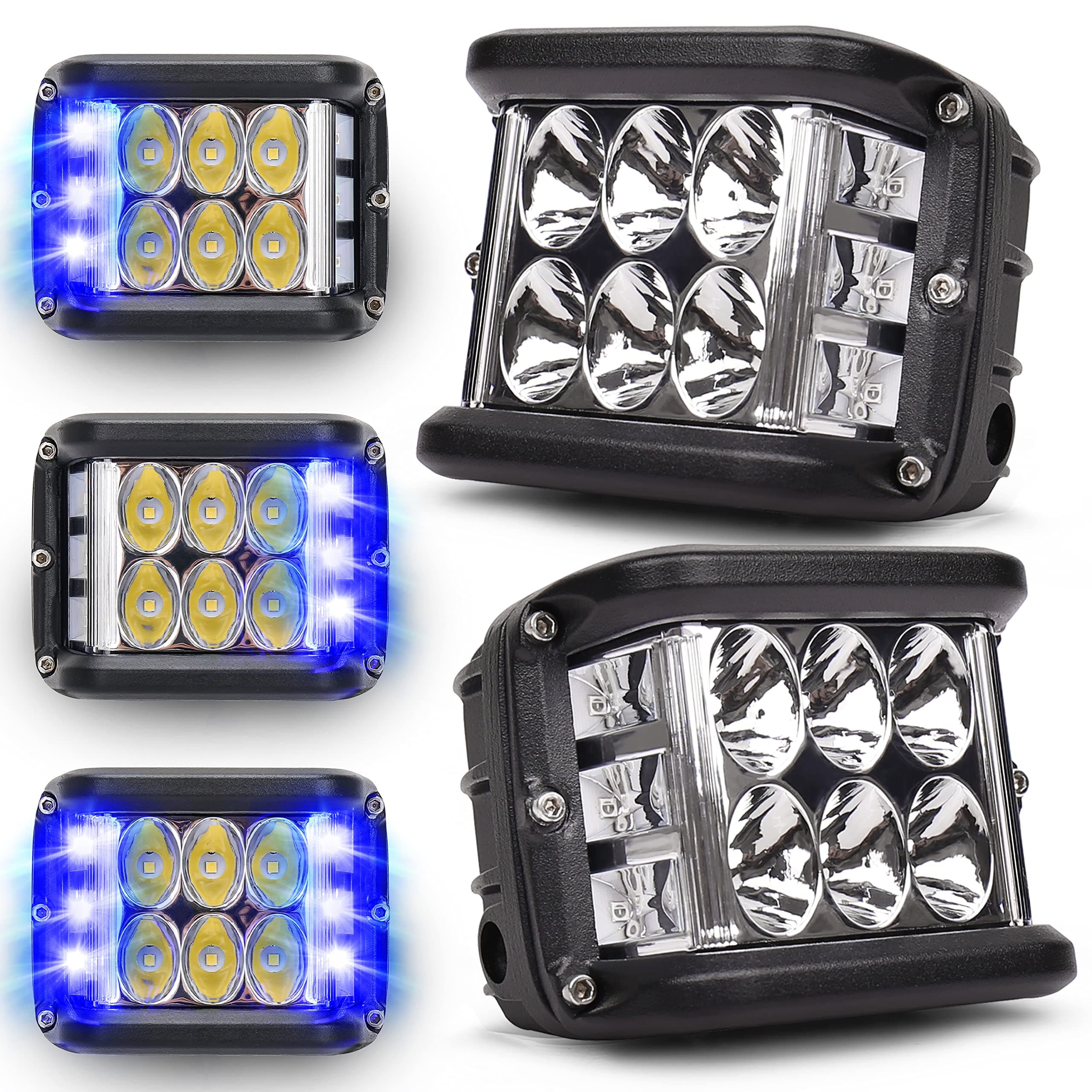 Side Shooter Pod Lights 4 Inch Dual Side Blue Strobe LED Cube Lights for Farm Tractor Plow Truck Boat ATV UTV SUV Off-Road 4x4