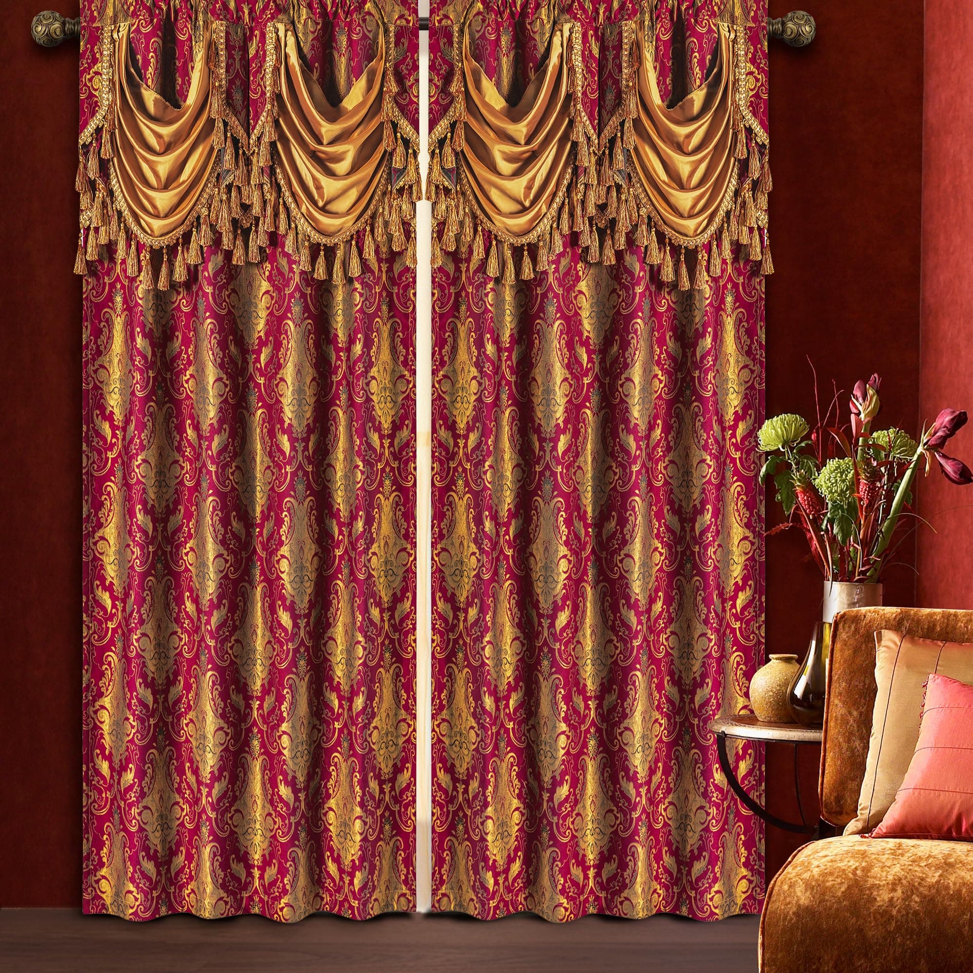 Luxury Red Damask Window Curtains with Attached Waterfall Valances and Tiebacks, Classic Jacquard Blackout Curtains 2 Panels for Bedroom Living Room, Rod Pocket(52”Wx 84”L, 2 Panels)