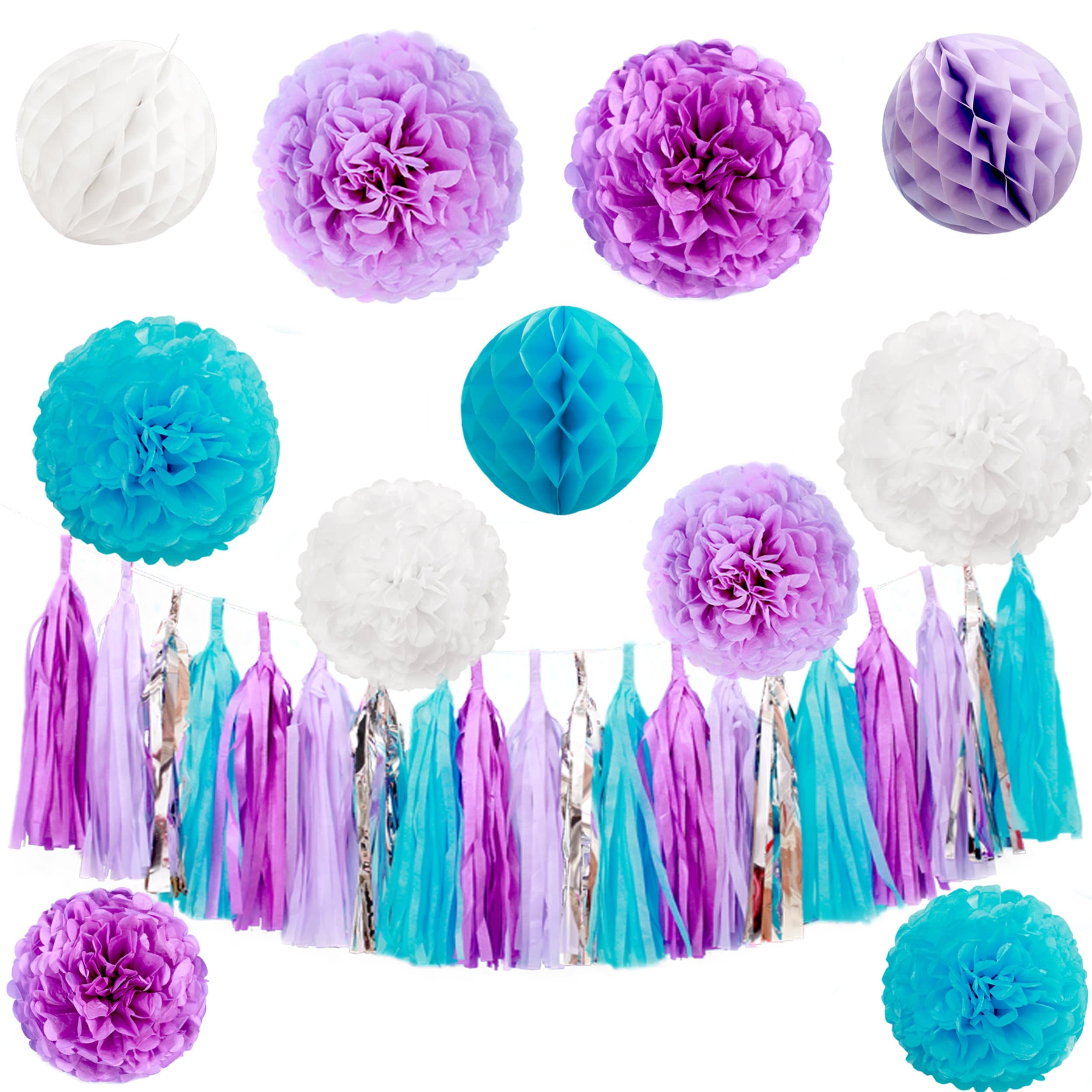 21 Pcs Light Pink Apple Green Light Blue White Tissue Paper Pom Poms Flowers Paper Honeycomb balls Paper Lanterns Polka Dot Garland Hanging Party Supplies