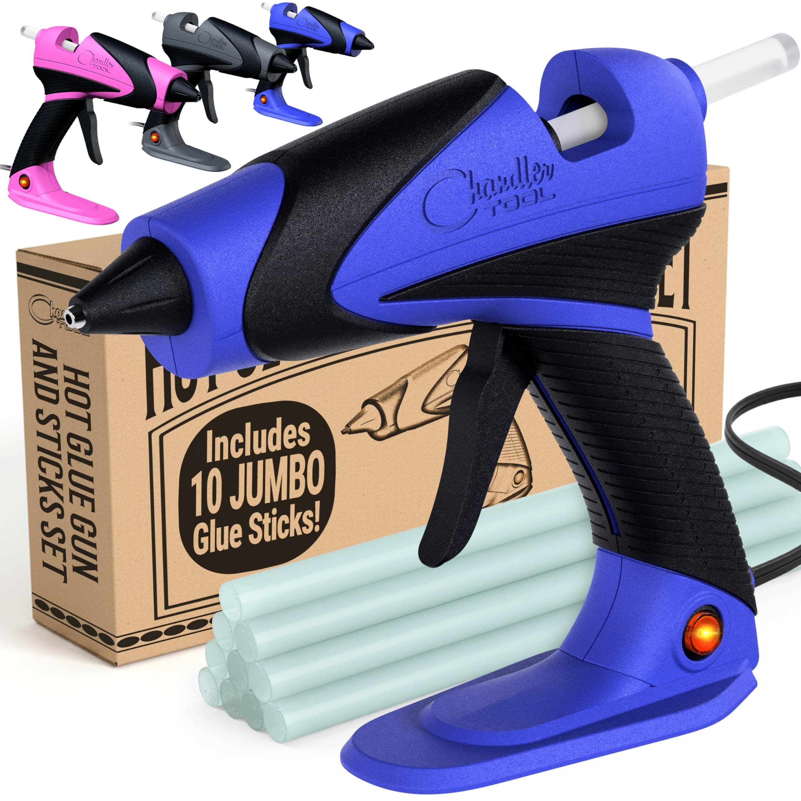 Chandler Tool Hot Glue Gun And Sticks Set Corded Full Size for Crafts and DIY Complete Heavy Duty Hot Glue Gun Kit With 10 Jumbo Glue Sticks (Blue/Black)