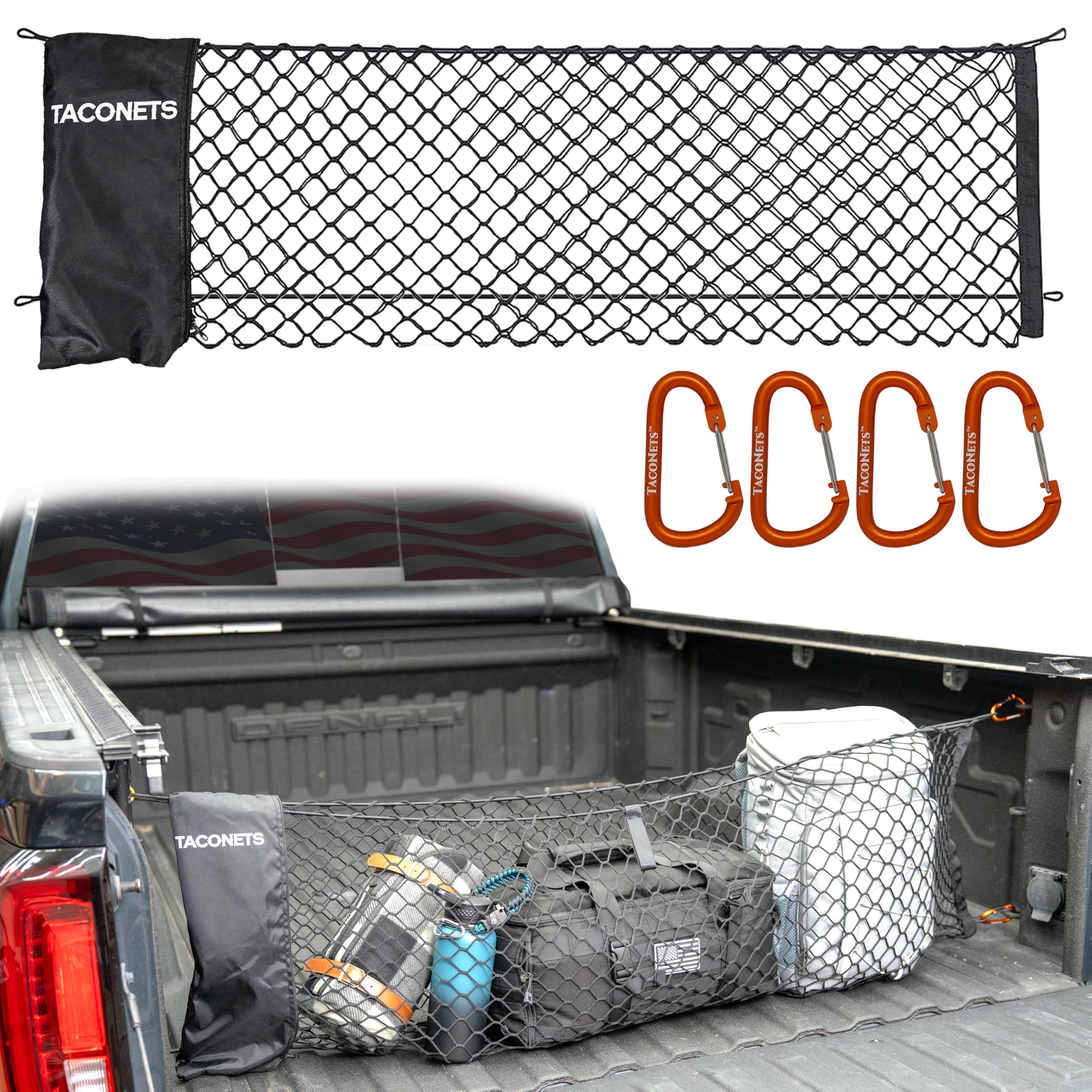 TacoNets Envelope Cargo Net for GMC Sierra & Chevy Silverado - Fits 2013-Current - Upgraded 5mm Bungee - Integrated Storage Bag - Heavy Duty Carabiners - Designed in USA