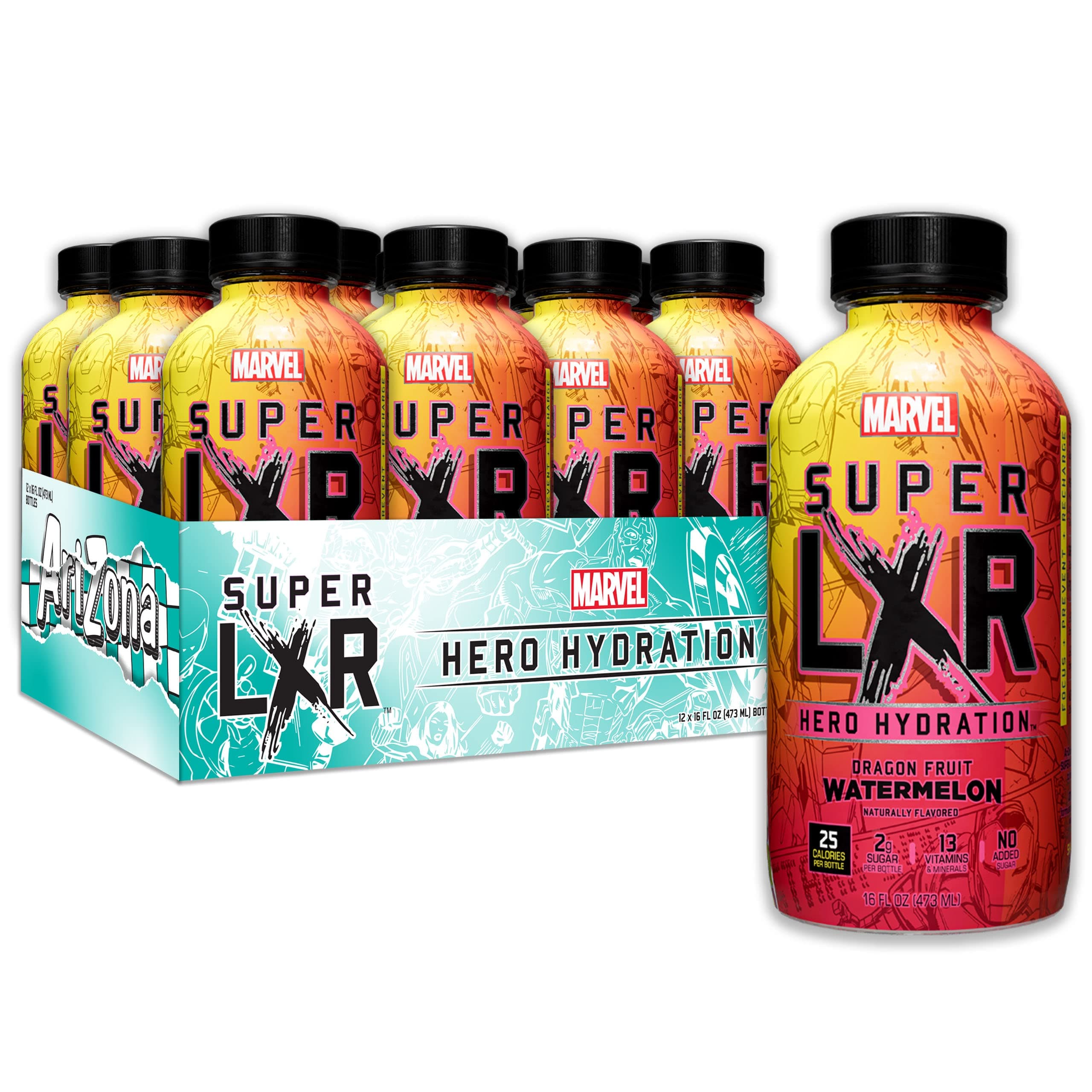 x Marvel Super LXR Dragon Fruit Watermelon Hero Hydration, Pack of 12 x 473ml PET Bottles, Sports Drink with Electrolytes and Vitamins