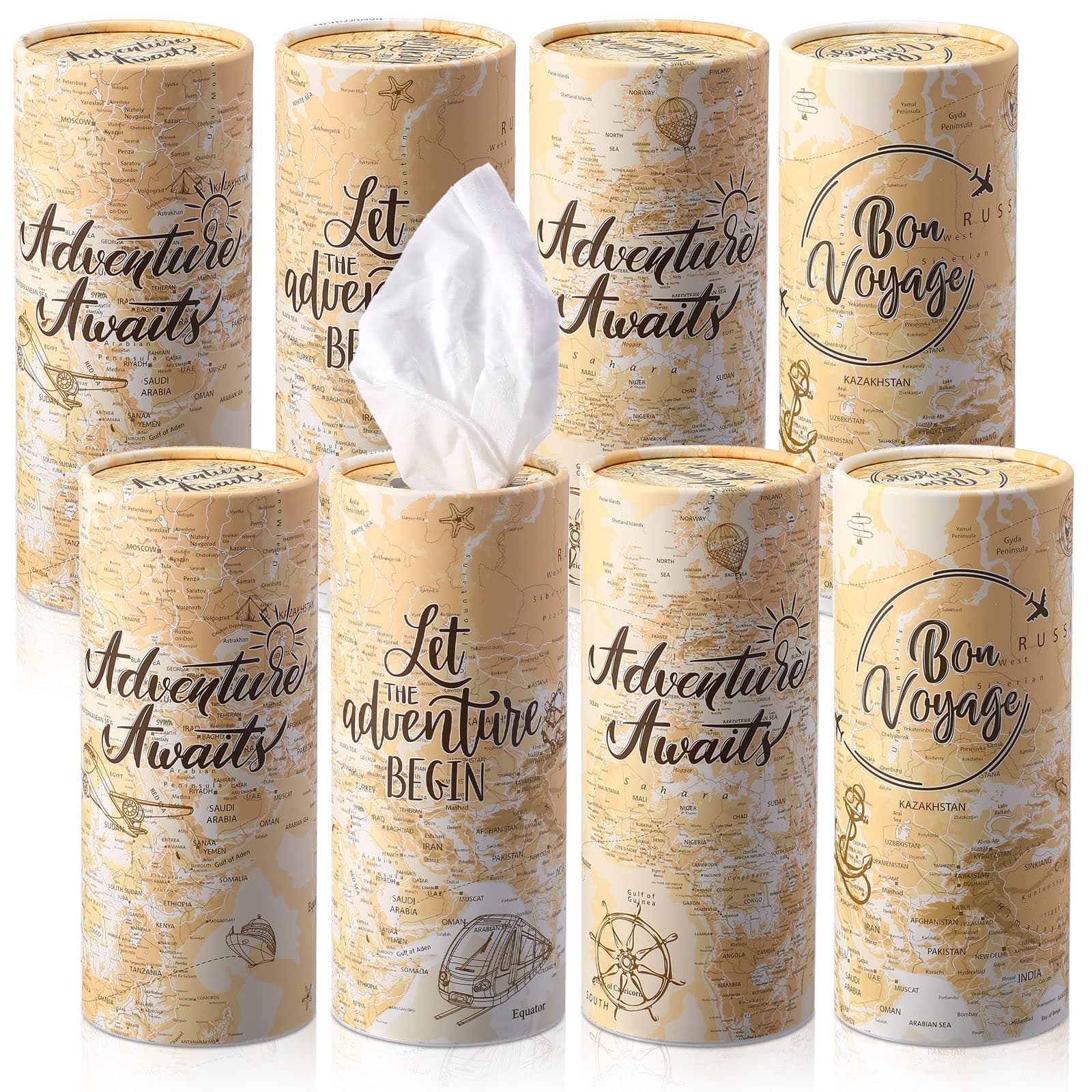 Blulu 8 Pcs Car Tissues Cylinder Tissues Cube Box Holder Boho Moon Car Facial Tissue Napkins Round Disposable Tissues Boxes for Car Cup Holder Napkin Container for Travel Party Adventure (Map)