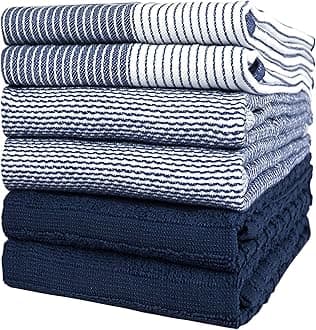 Premium Kitchen Towels (20”x 28”, 6 Pack) | Large Cotton Dish Towels | Flat & Terry Highly Absorbent Kitchen Linen Set with Hanging Loop | Navy Blue