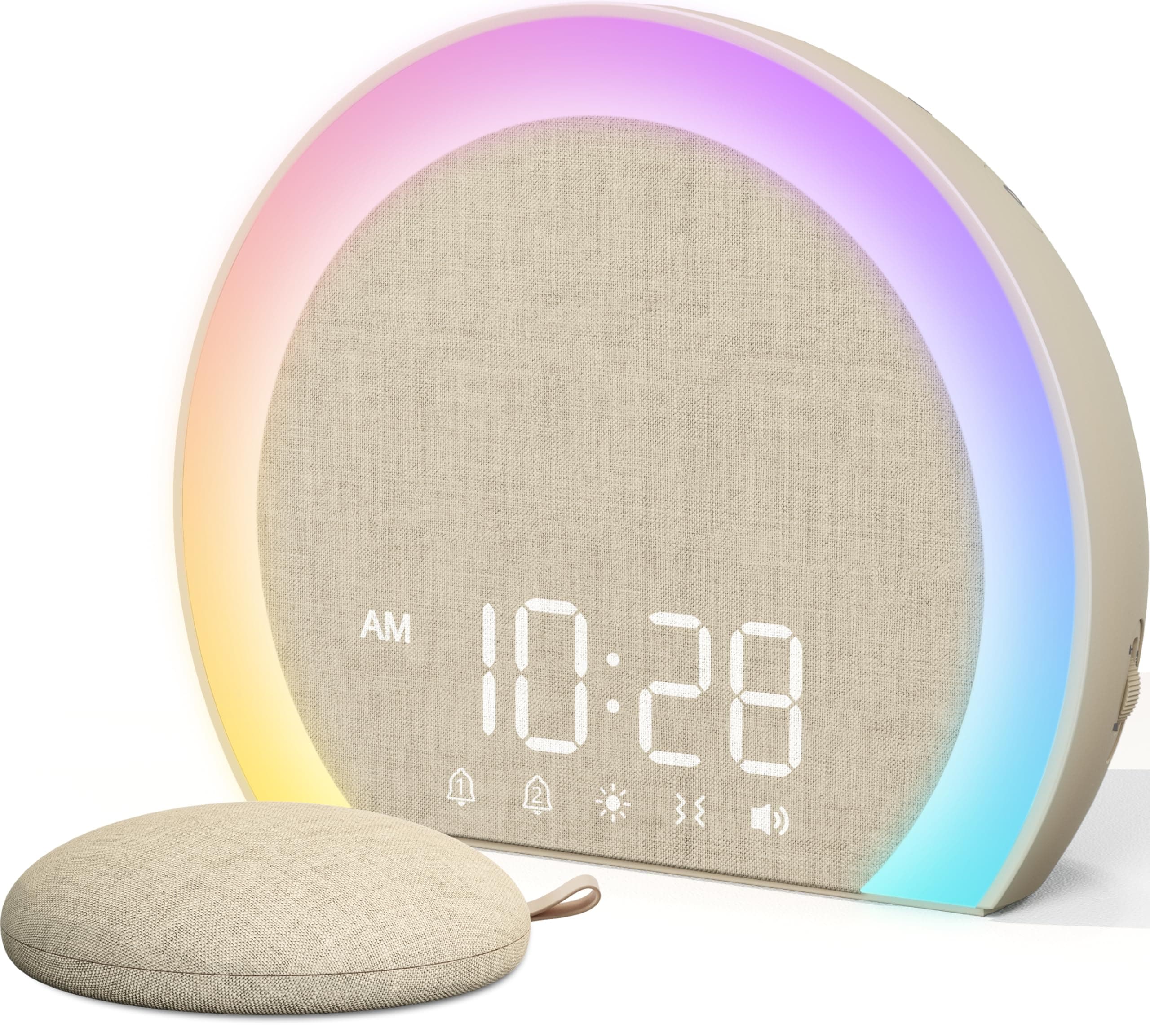 Extra Loud Alarm Clock with Wireless Bed Shaker, Vibrating Dual Alarm with Light Wake Up for Heavy Sleepers & Hearing Impaired, 9-Color Night Light, 8 Sounds, 0-100% Dimmer, USB Charger