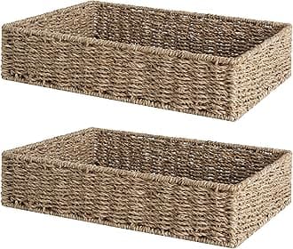 Large Seagrass Tray for Bathroom, Seagrass Storage Baskets for Shelves, Handwoven Natural Wicker Baskets for Organizing, 2-Pack