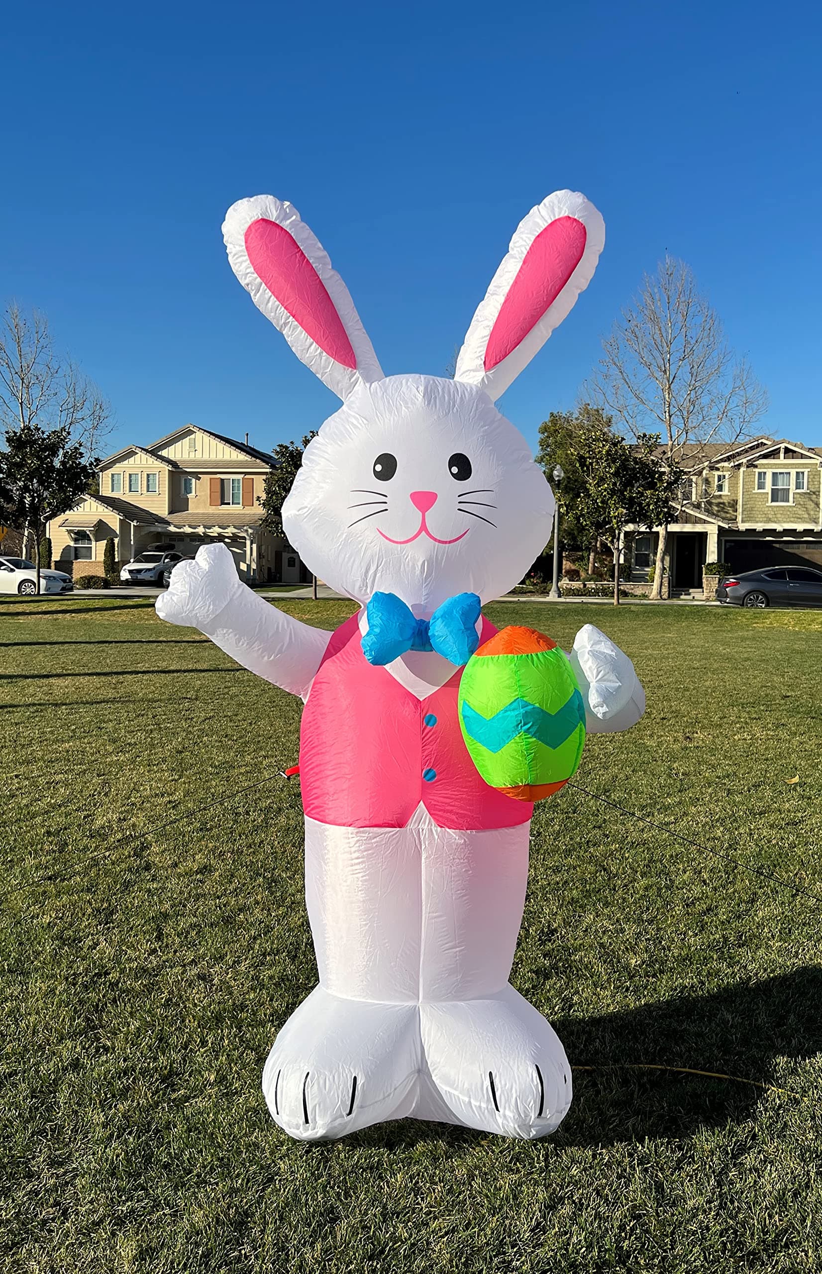 Jumbo 8 Foot Tall Happy Easter Inflatable Bunny Rabbit with Egg Pre-Lit LED Lights Outdoor Indoor Holiday Blow up Lighted Yard Lawn Home Family Outside Decor Party Decoration