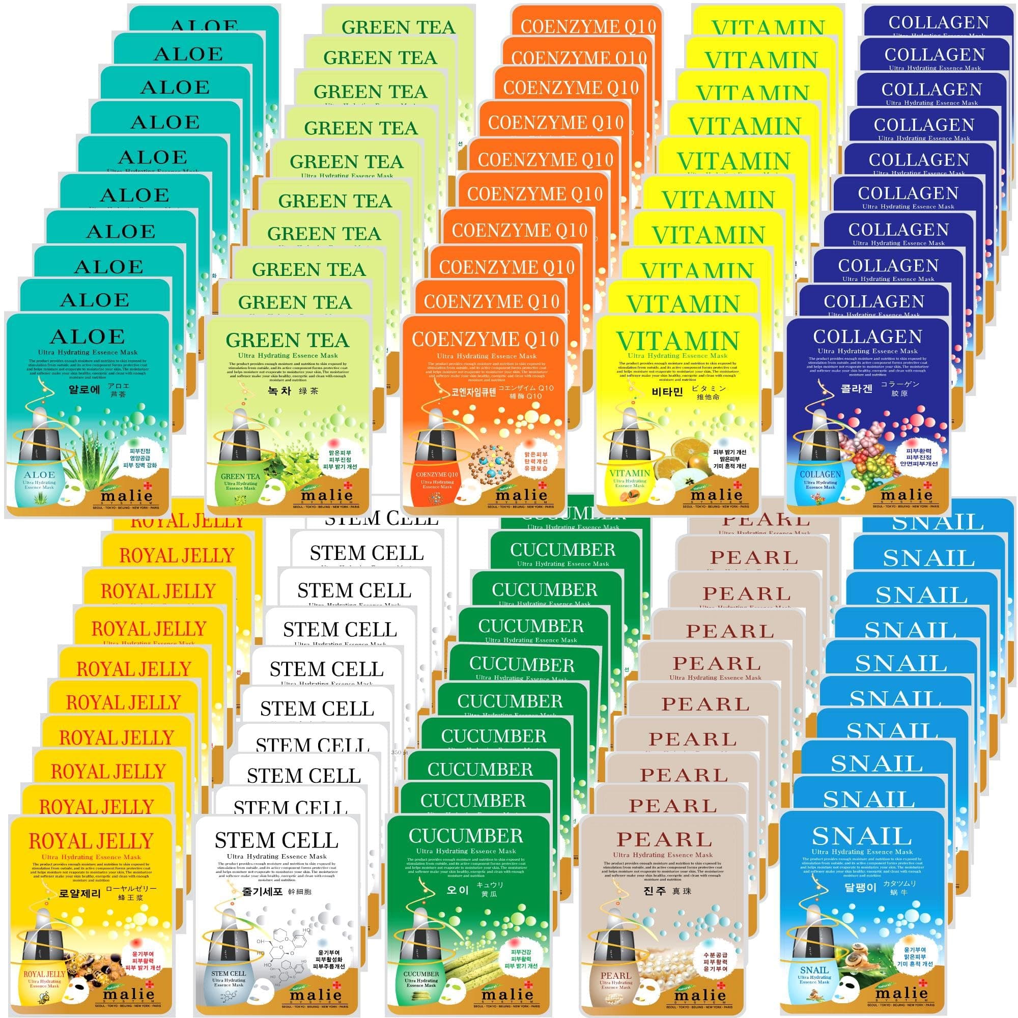 100 Pcs-Combo Ultra Hydraiting Essence Mask (10 types x 10 pcs), Korean Facial Mask Sheet, Skincare Moisturizing