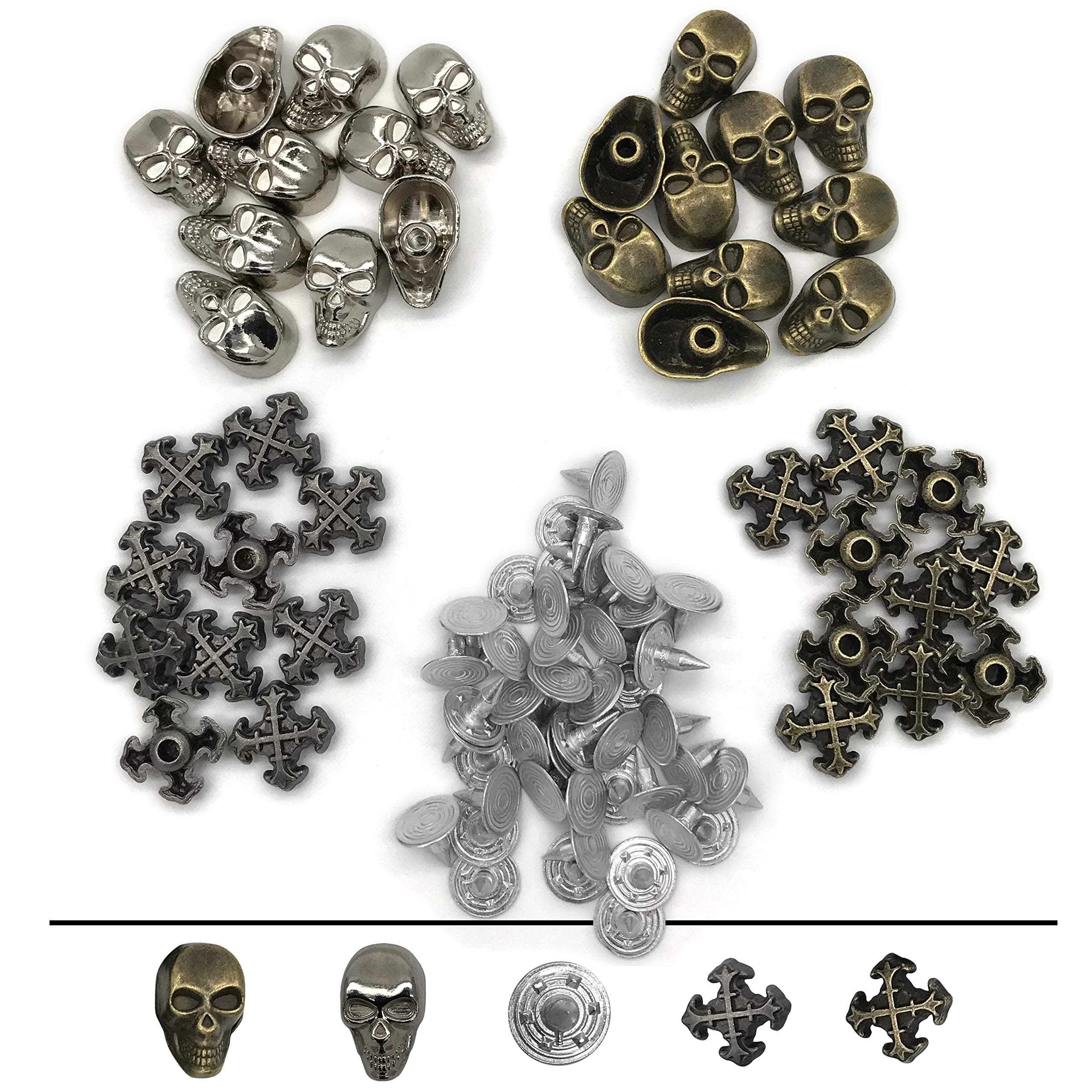 80Pcs Jeans Buttons, Skull Head and Cross Rapid Rivets Studs, Metal Tack Buttons Spike, Speedy Rivets for Fabric Leather Craft Crafting Decoration
