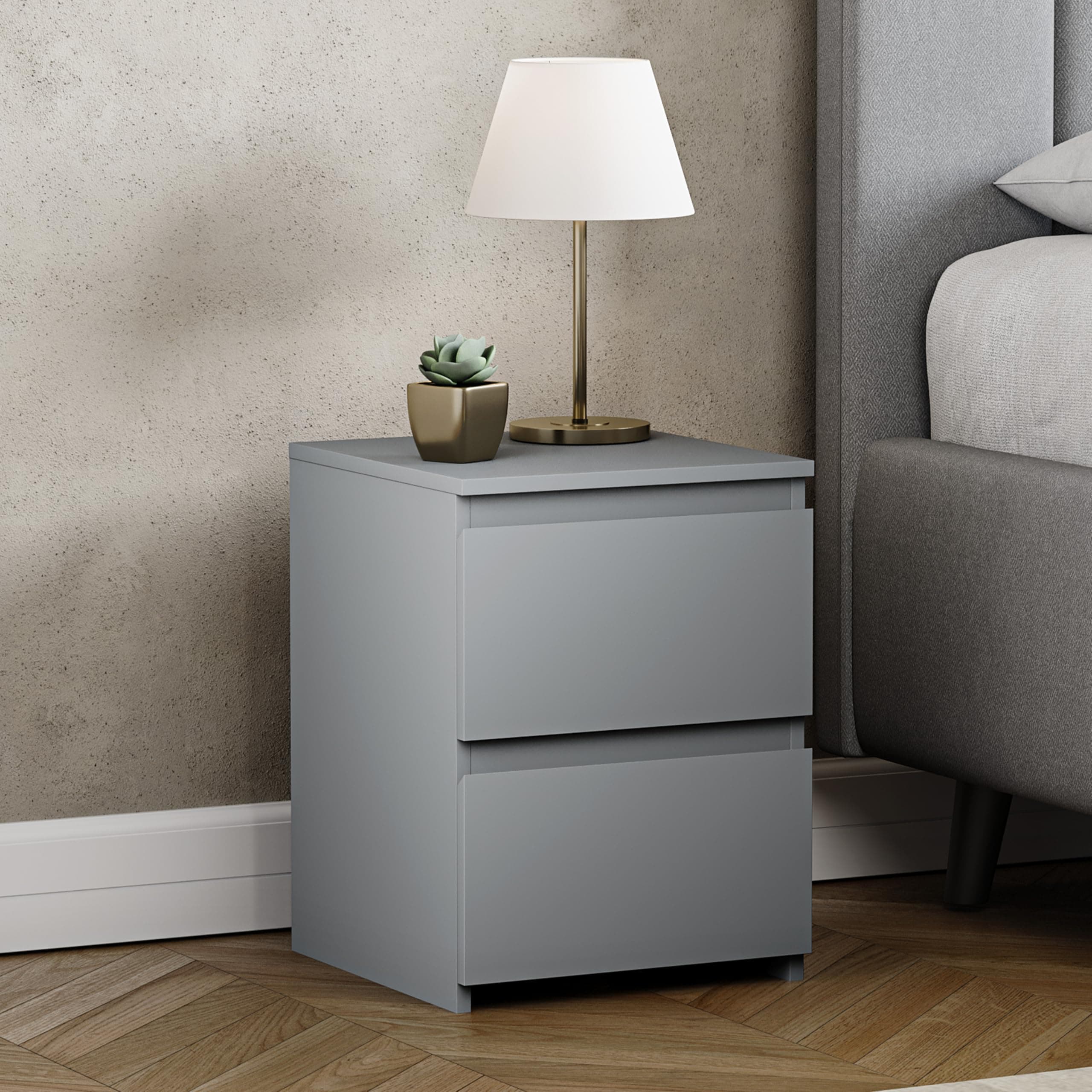 Denver 2 Drawer Bedside Chest | Grey | Space-Saving Storage | 52H x 29.5W x 29.5D cm | Narrow Side Table | Minimal | Smooth Metal Runner | Modern Bedroom Nightstand Unit