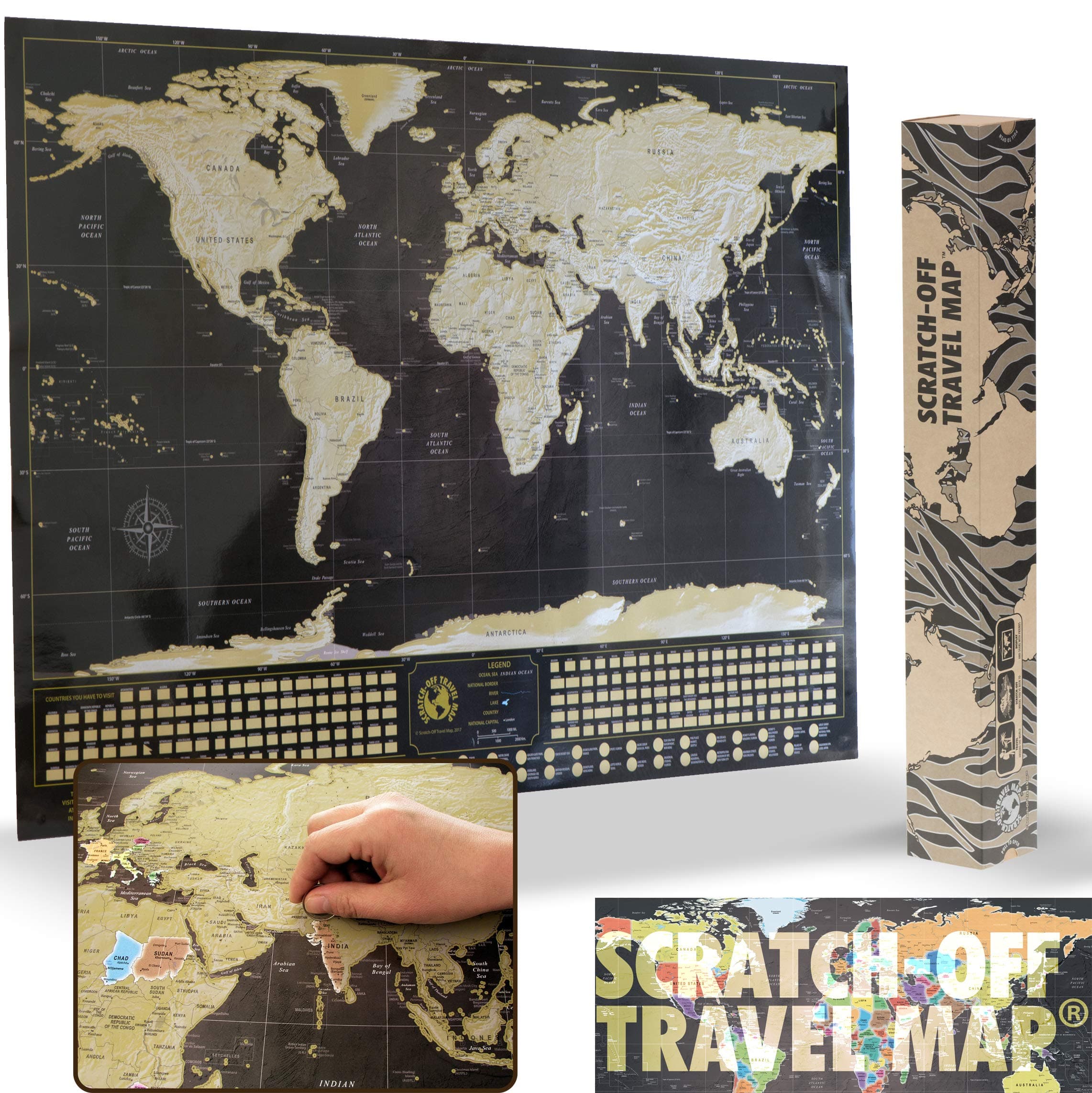 Deluxe Scratch Off World Map Poster 84 x 59 cm - Black and Gold with Silver Mountains and Real Sea Bottom | Detailed Cartography | Country Flags and The World's 50 most tourist attractions