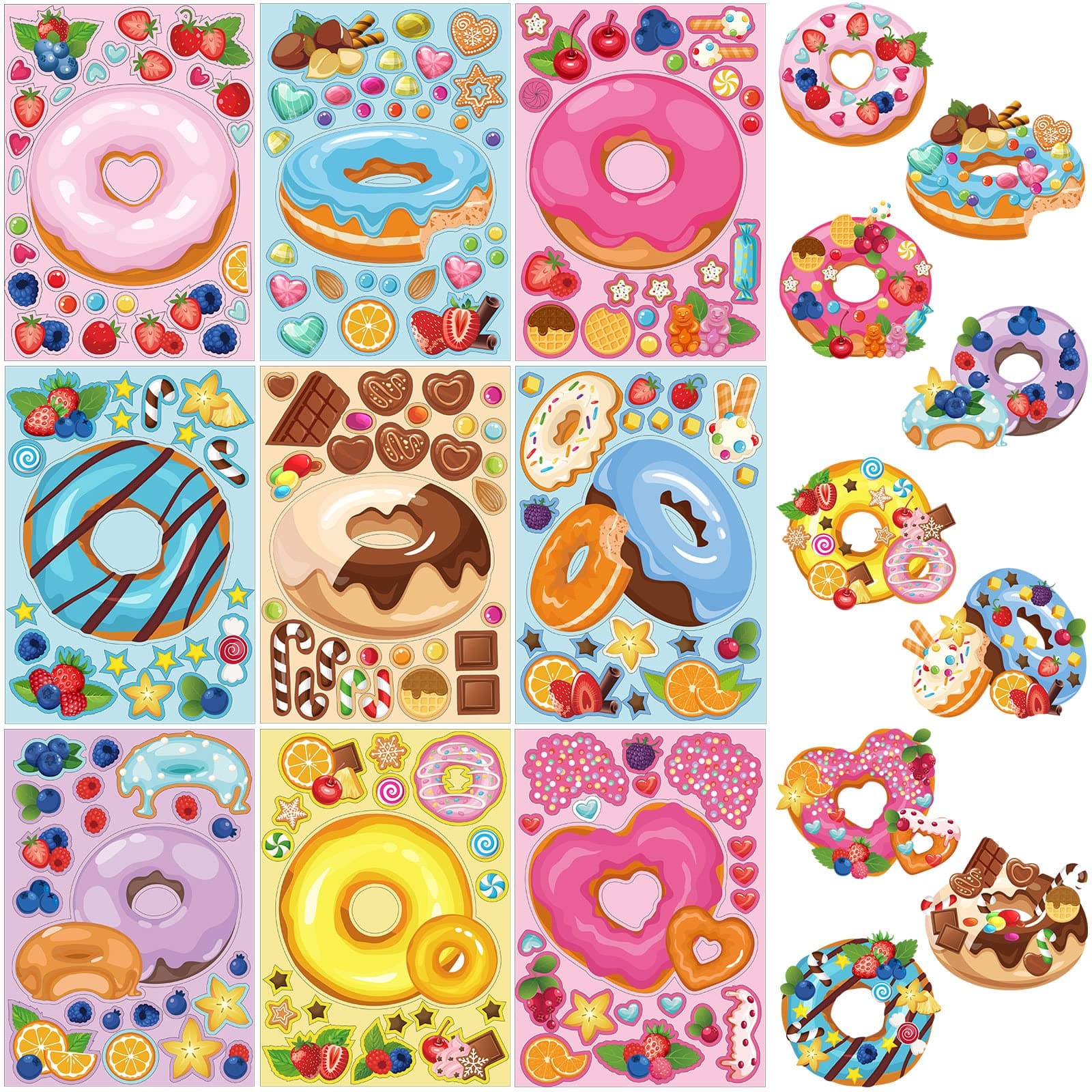 Geyee 36 Sheets Donut Stickers Make a Face for Kids Your Own Dessert Mix Match Themed Decoration Treats Birthday Games Coloring Book Party
