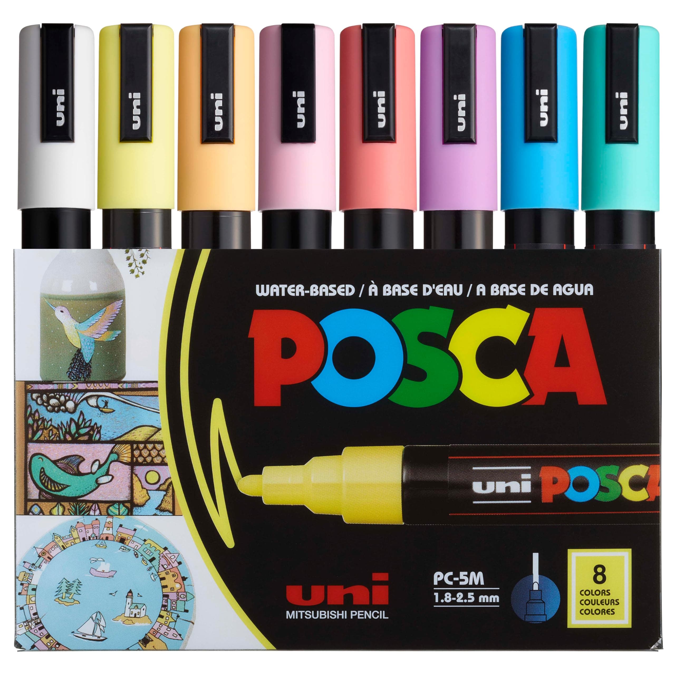Posca Markers Set, 8 Medium Paint Markers 5M – Soft Tones – White, Sunshine Yellow, Apricot, Light Pink, Coral, Lavender, Light Blue, Aqua Green