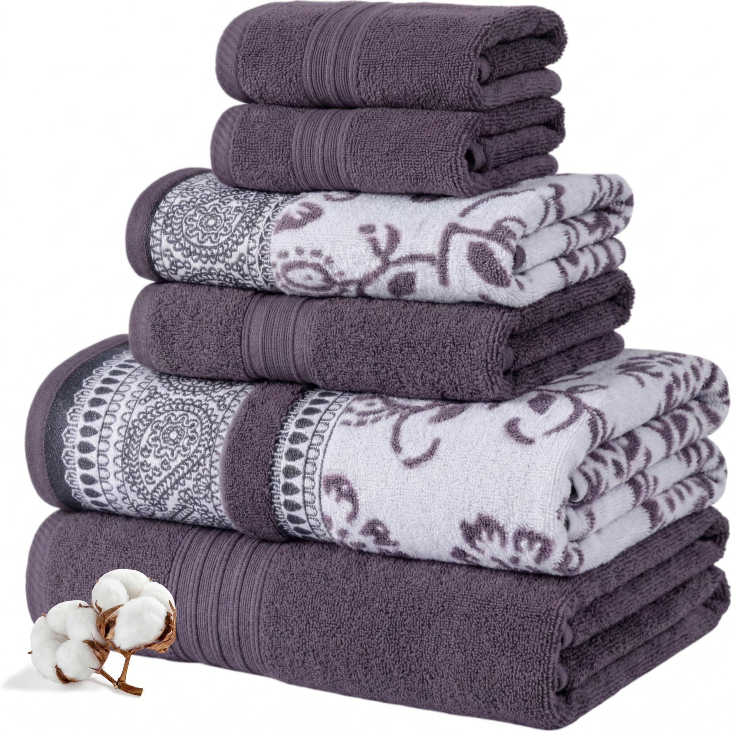 Modern Threads 6 Piece Set, 2 Bath Towels, 2 Hand Towels, 2 Washcloths Yarn Dyed Jacquard/Solid Towel Set Ophelia Orchid
