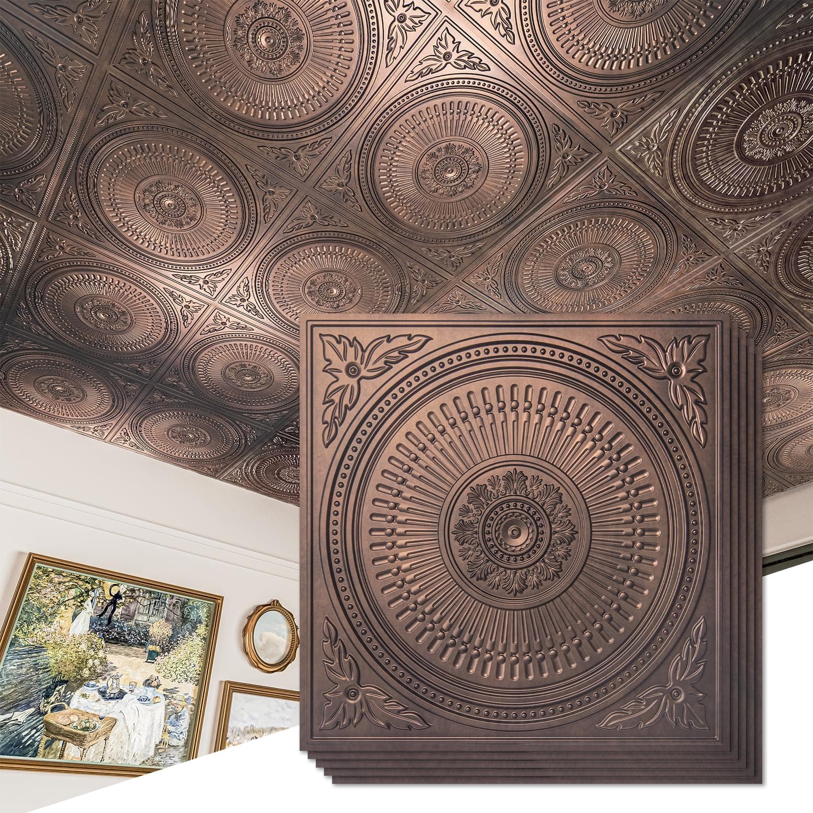 Art3d 12-Pack Drop Ceiling Tiles 2x2 FT, Decorative Easy Install PVC Ceiling Panels for Interior Kitchen Bathroom Basement, 24x24 Inch, Antique Copper