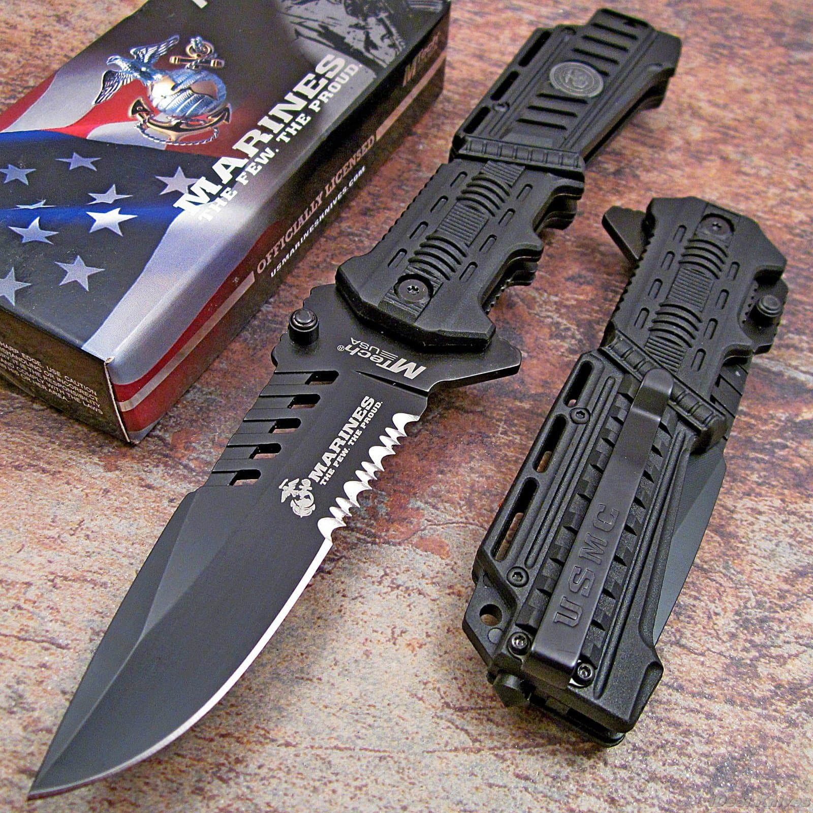 MTECH USA Marines Black Spring Assisted Opening Tactical Rescue Folding Pocket Knife