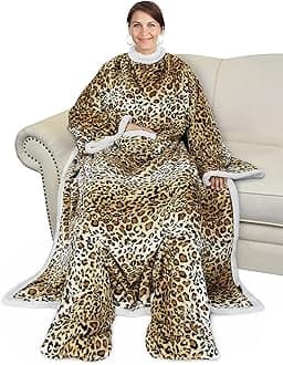 Catalonia Sherpa Wearable Blanket with Sleeves & Foot Pockets for Adult Women Men, Comfy Snuggly Wrap Sleeved Throw Blanket Robe, Gift Idea, Cheetah