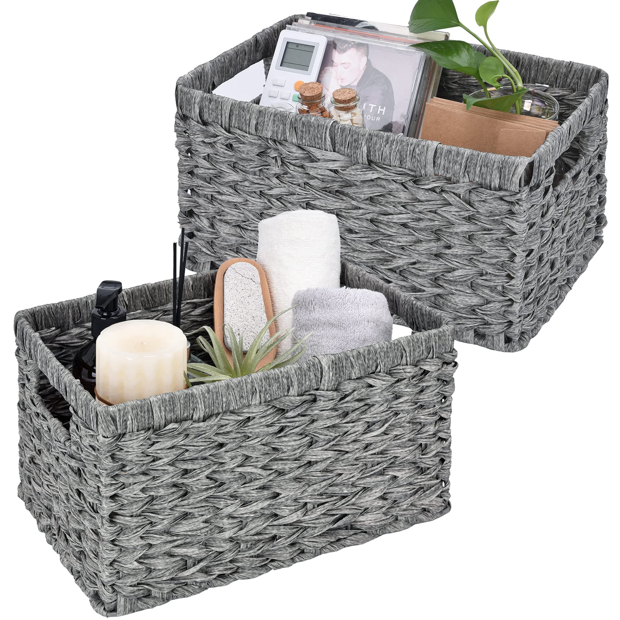 Wicker Baskets with Handles - Gray Storage Baskets (2-Pack) for Organizing Cabinet, Coffee Table