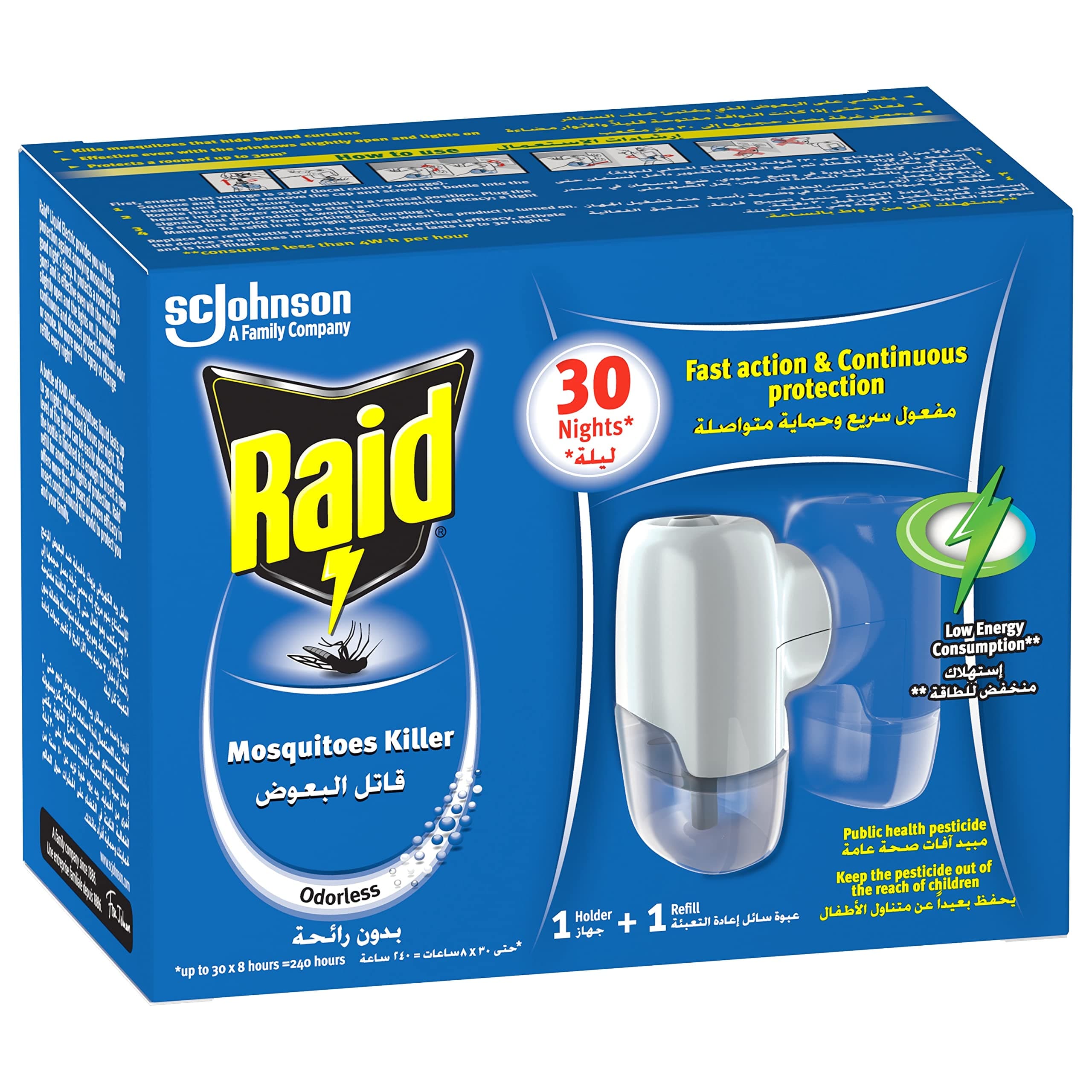 Raid Fast Action Electric Mosquito Killer Holder & Refill, Low Energy Consumption, Fast Action & Continuous Protection For Up To 30 Nights, 21ml