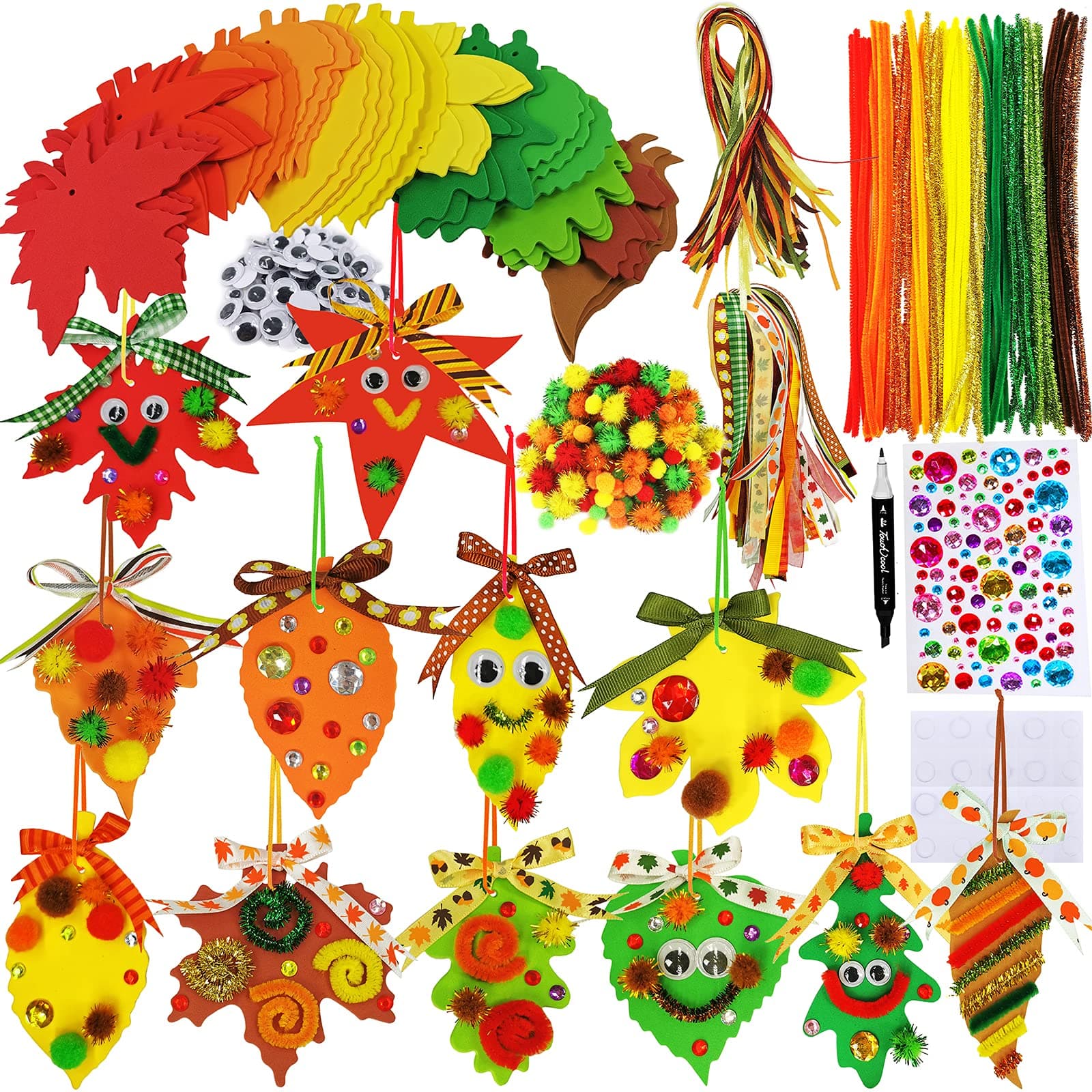 Winlyn 48 Sets Fall Craft Kits Fall Leaves Ornaments Decorations Art Sets Pom-Poms Googly Eyes Autumn Leaf Foam Stickers Arts and Crafts for Kids Thanksgiving Halloween Classroom Party Activities
