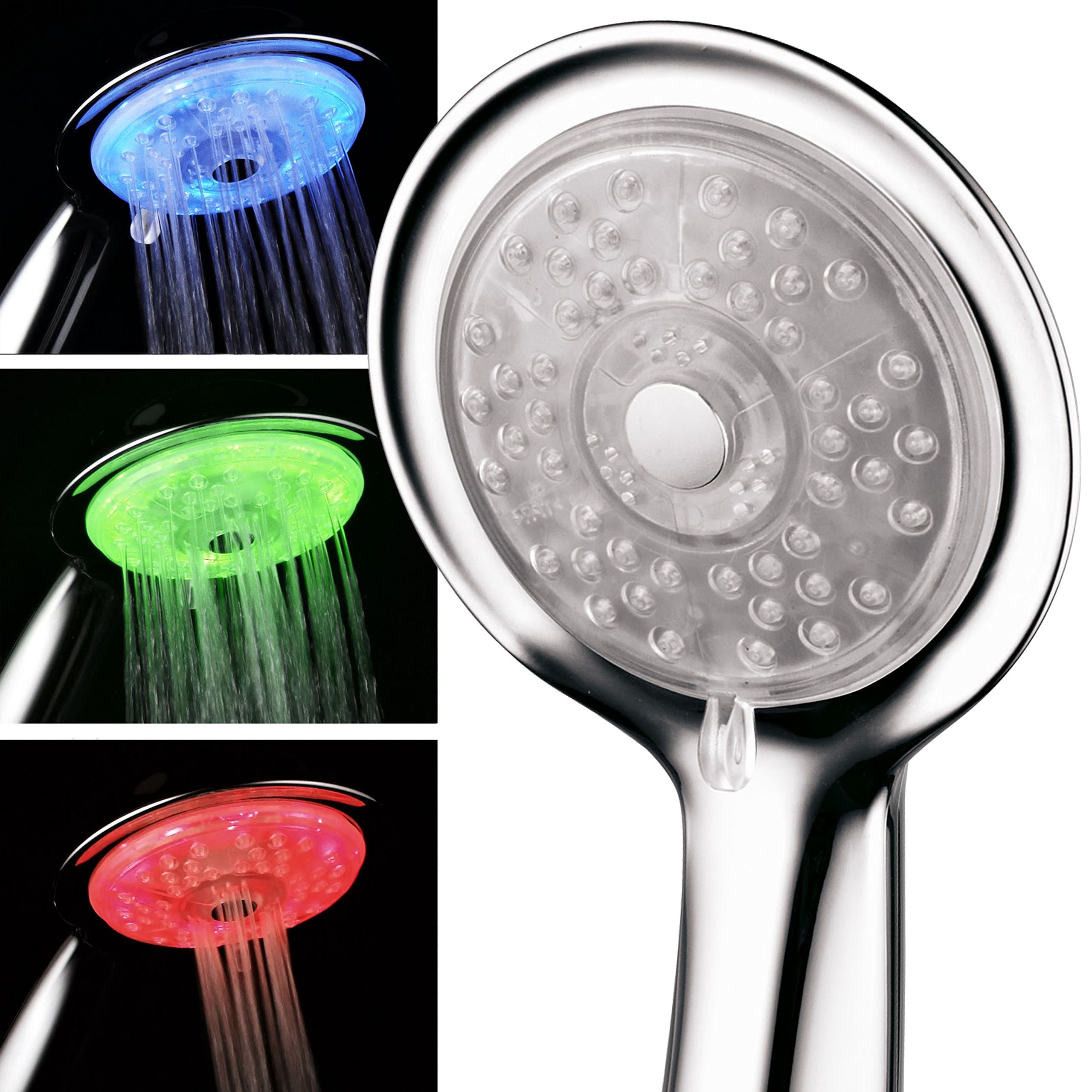 Luminex by 7-Color 4-Setting LED Handheld Shower Head with Air Jet LED Turbo Pressure-Boost Nozzle Technology. 7 vibrant LED colors change automatically every few seconds