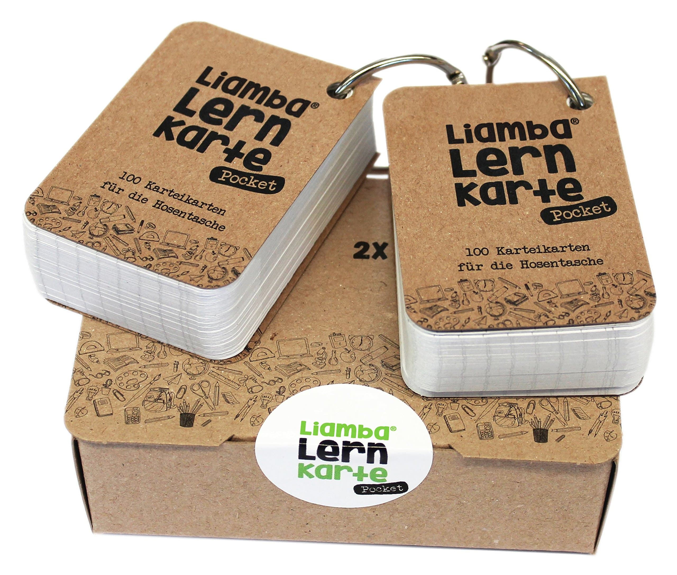 Liamba Pocket learning card, 2 x 100 index cards for on the go with the practical ring, DIN A8 format, 7.4 x 5.2 cm, 170 g, lined, FSC certified and made in Germany