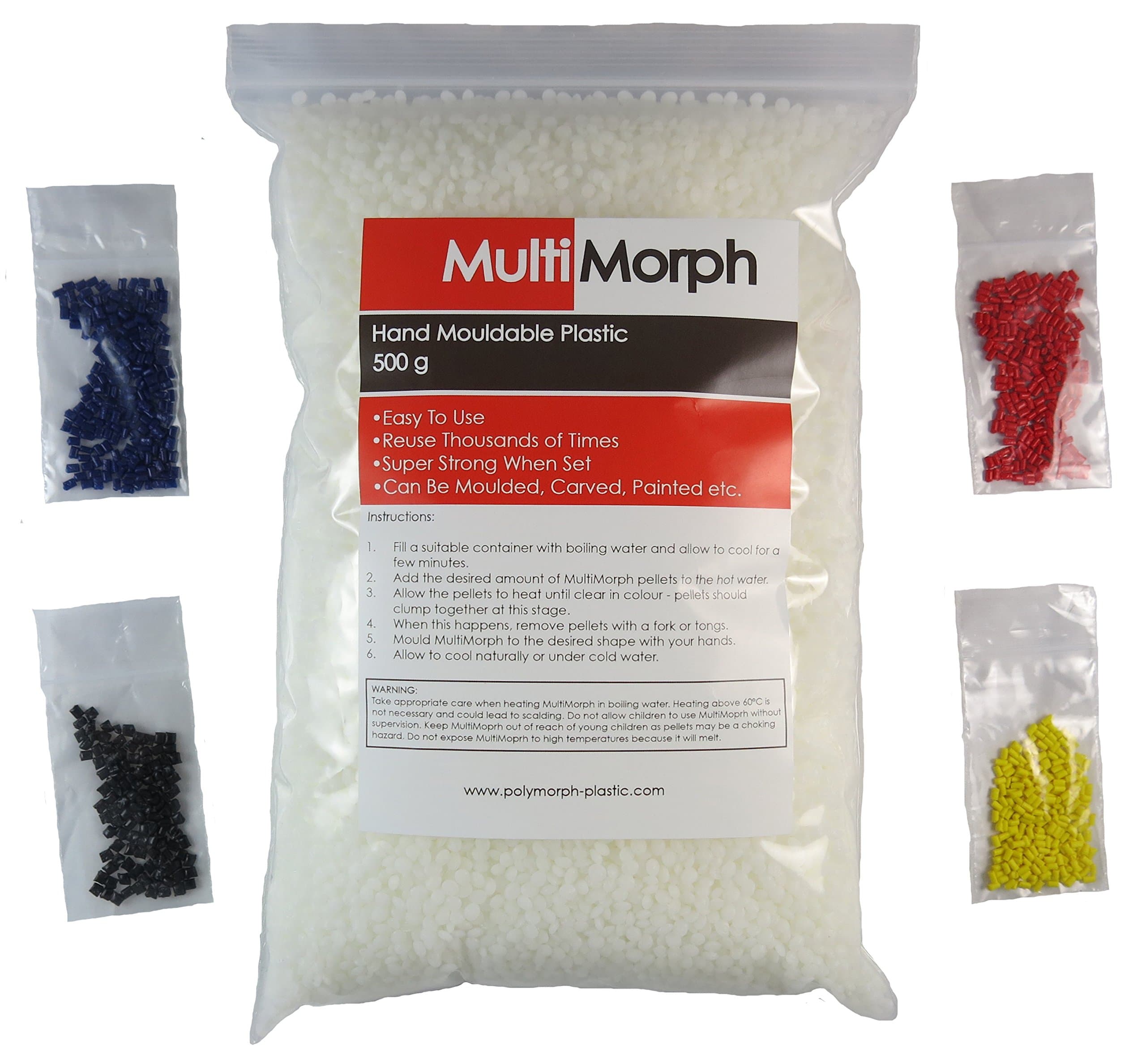 Polymorph Mouldable Plastic Pellets 500g with 4 Free Colouring Sachets in Resealable Bag Made in UK, Red-Black-Yellow-Blue