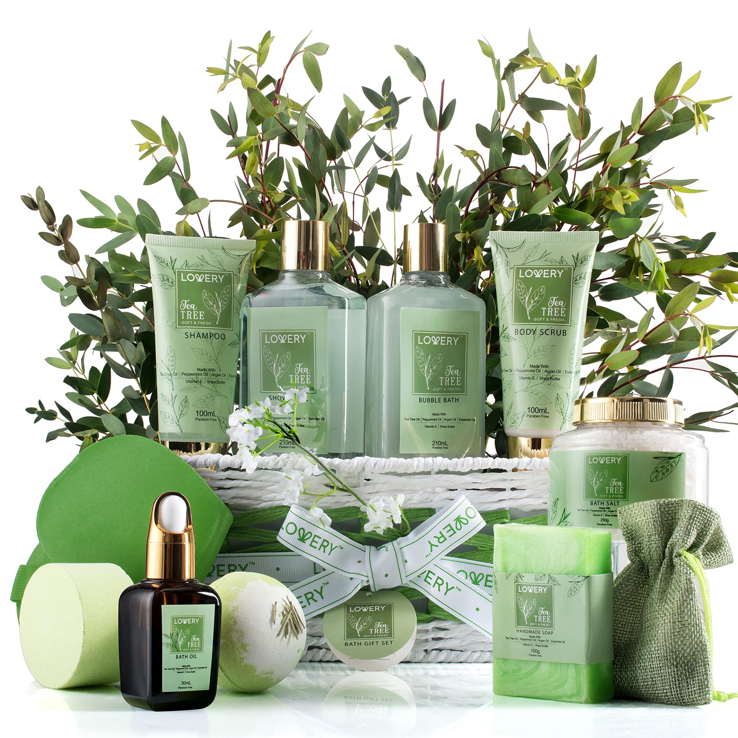 Tea Tree Bath Set - Luxury Home Spa Set with Calming Mint Fragrance – 15 pc Relaxation Gift Basket with Tea Tree Bath Oil,Shower Gel, Bubble Bath, Handmade Soap, Steamer Tablet, Potpourri & More