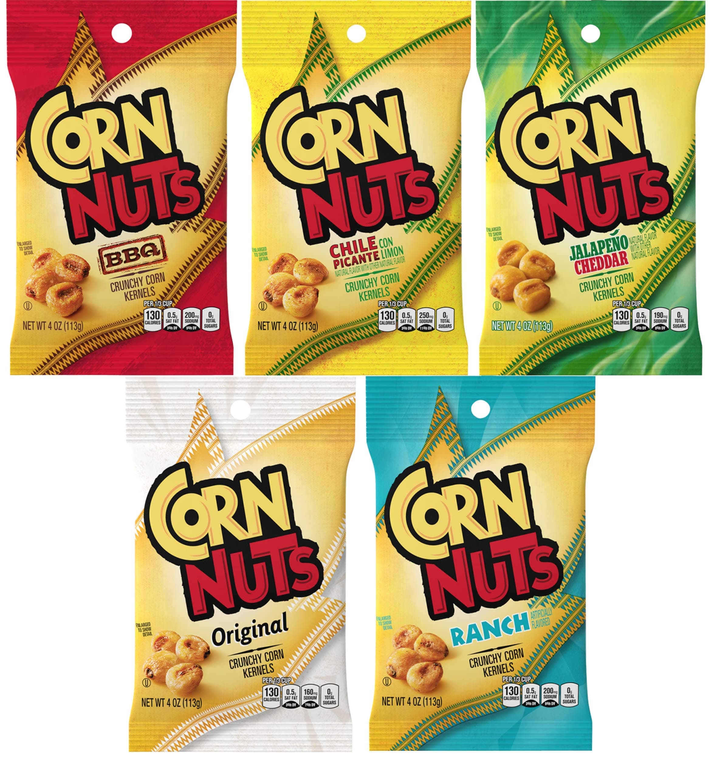 Corn Nuts Variety Pack 4oz Size (Pack of 5) 1 of Each - BBQ, Ranch, Chile Picante, Original and Jalapeno Cheddar