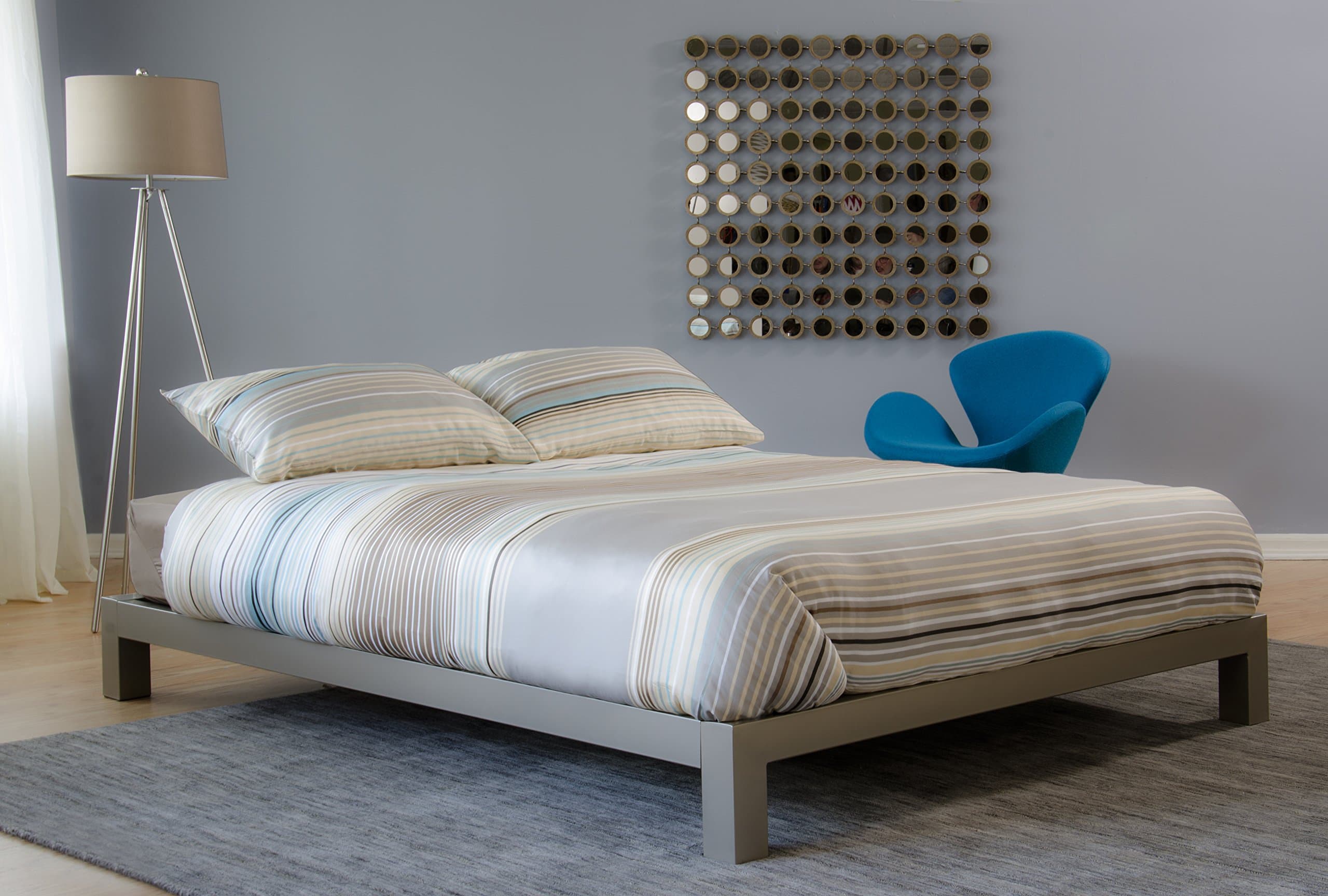 Aura Modern Metal Low Profile Thick Slats Support Platform Bed Frame - Twin Size, Gray