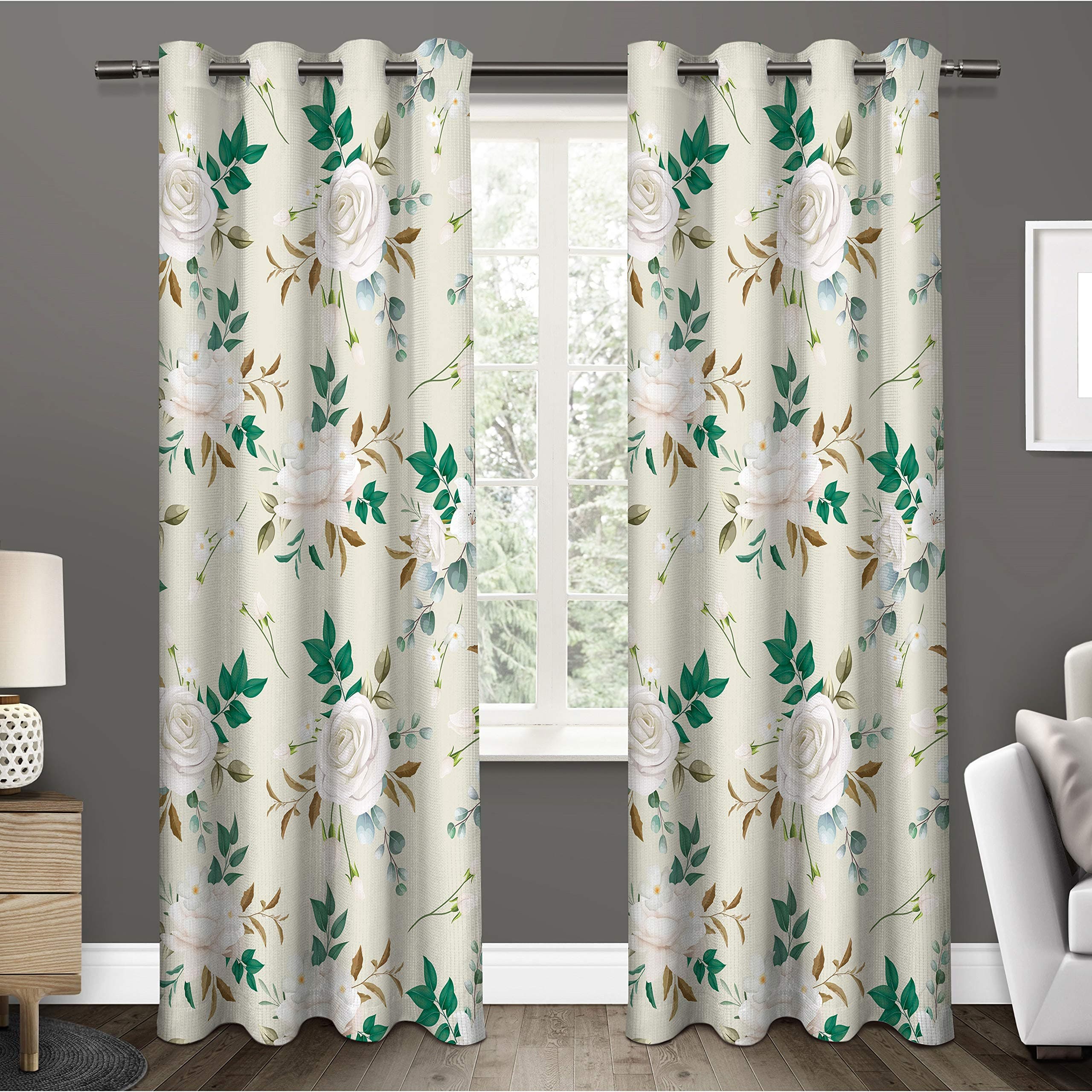 VR Creation Green and White Rose Design Polyester Eyelet 3D Digital Printed 7 Feet Door Curtain Piece of 4