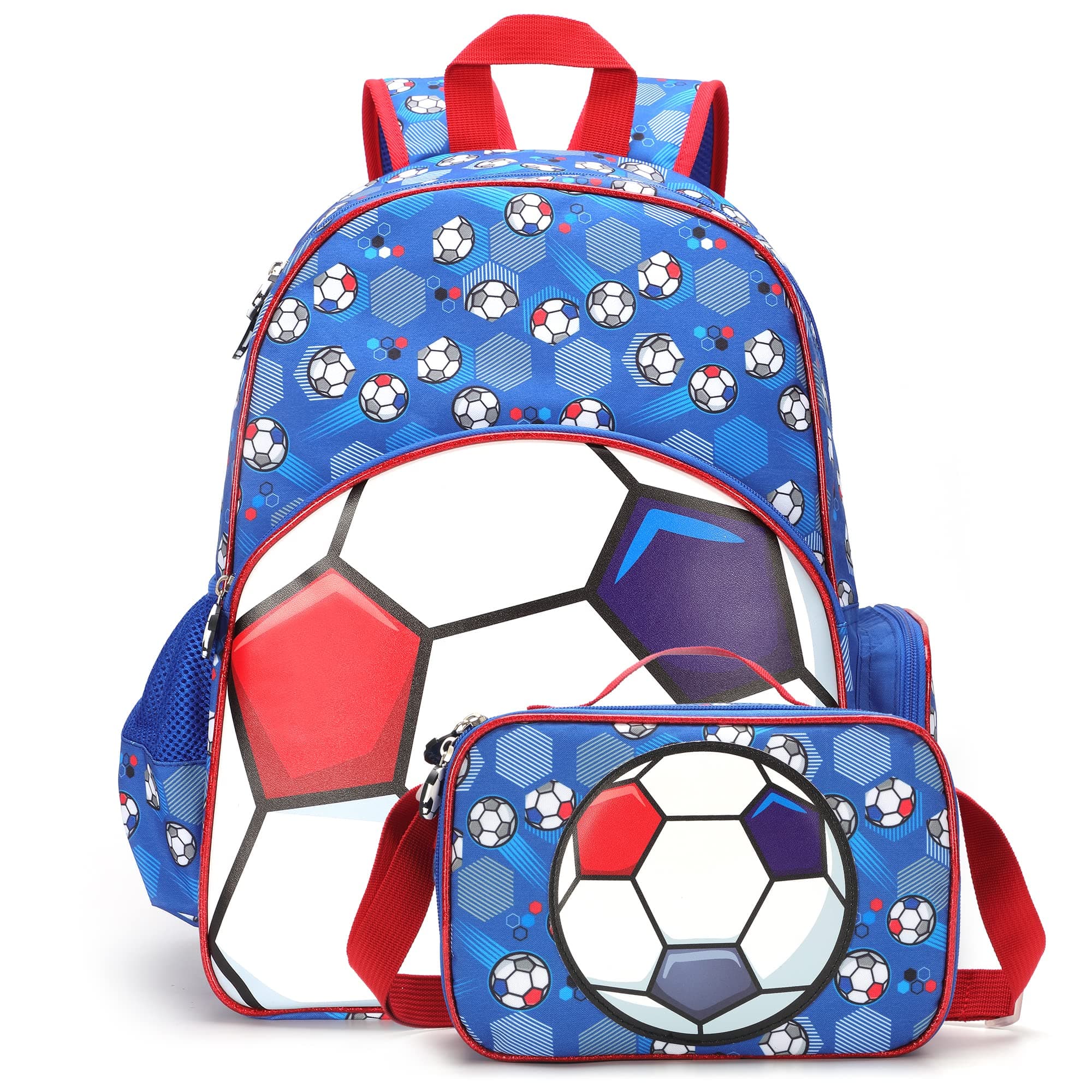 YOJOYKids Backpack for Boys with Lunch Box Set Elementary School Bags 16 inch Kindergarten Primary Bookbags Football Dinosaur Backpacks (Blue Football Set)