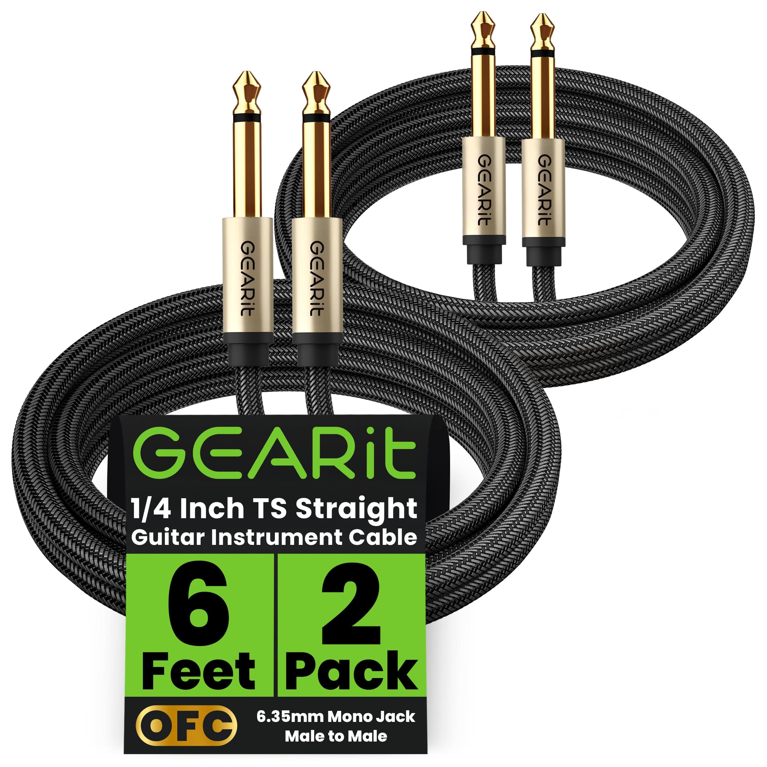 GEARit Guitar Instrument Cable (6ft 2-Pack) 1/4 Inch to 1/4 inch TS Straight Male to Male 6.35mm Mono Jack with Alloy Connector and Nylon Braid