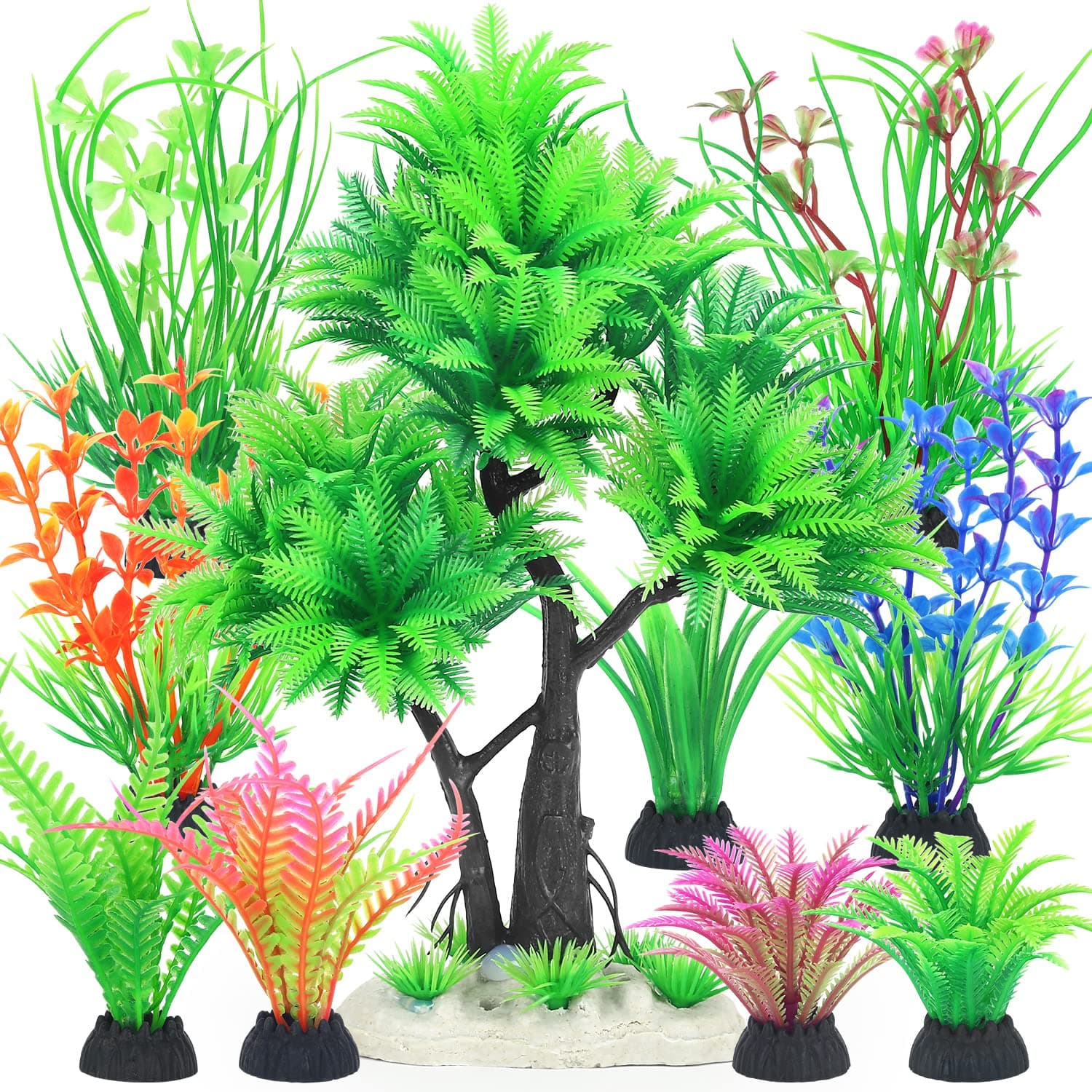BorlechAquarium Plastic Plants Artificial Decorations, Medium Fish Tank Fake Tree Plant Decor Ornaments Accessories (Green)