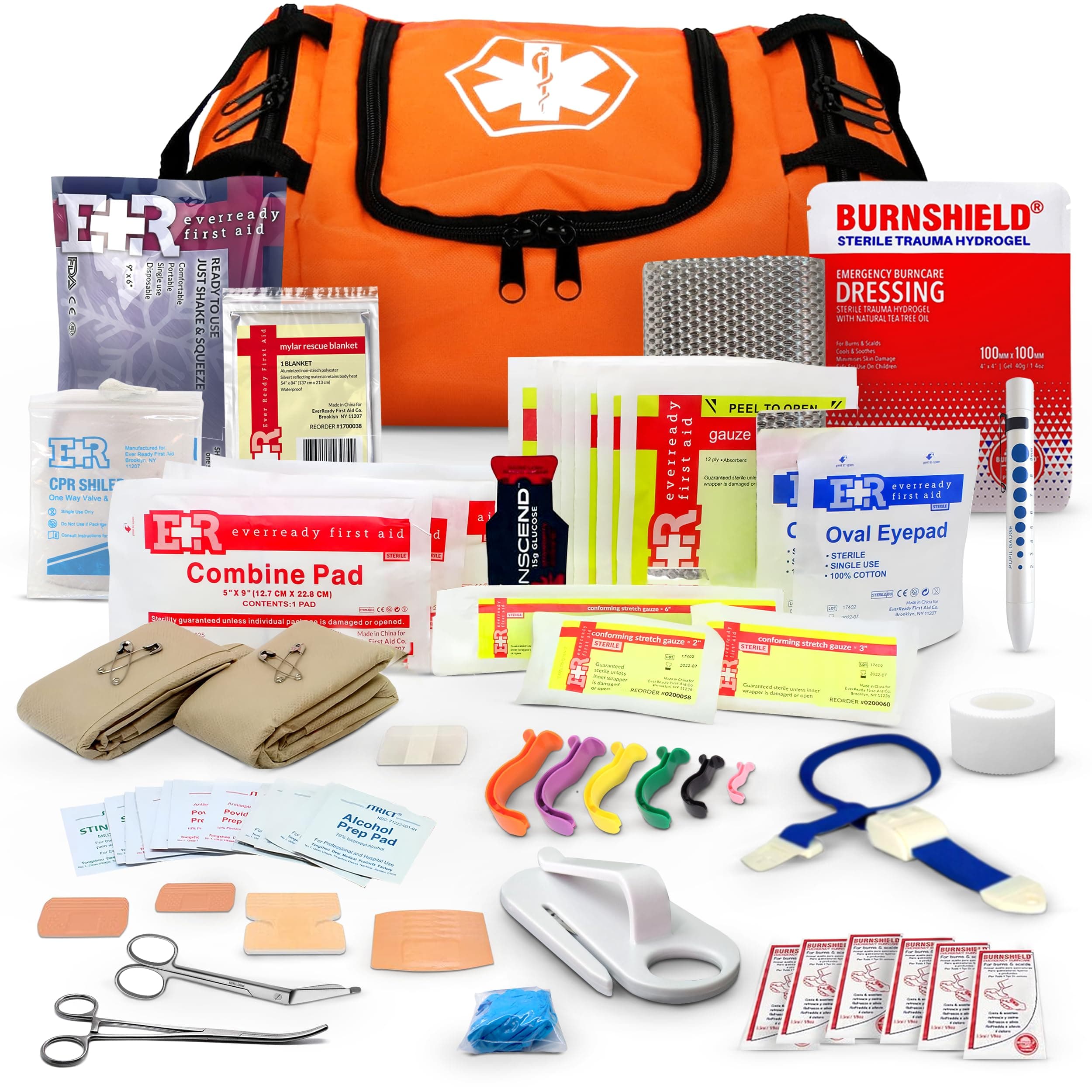 Fully Stocked Trauma First Aid Kit – First Responder II Bag with Tools, Gauze, Bandages, Scissors & Gloves – Compact & Portable – OSHA and ANSI Compliant – Orange