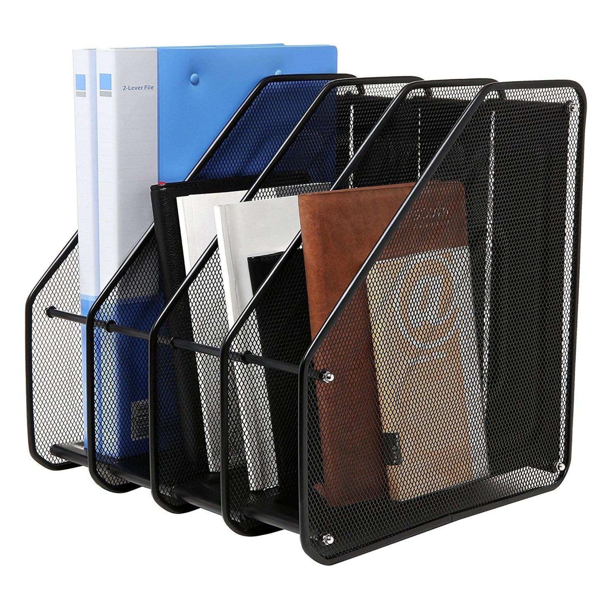 GoodWill Tech Metal Mesh 4 Compartment File Rack - Magazines, Newspaper, Books & Files Holder, Heavy Duty Office Desktop Document & File Organizer (Black) - Freestanding, Tiered Shelf