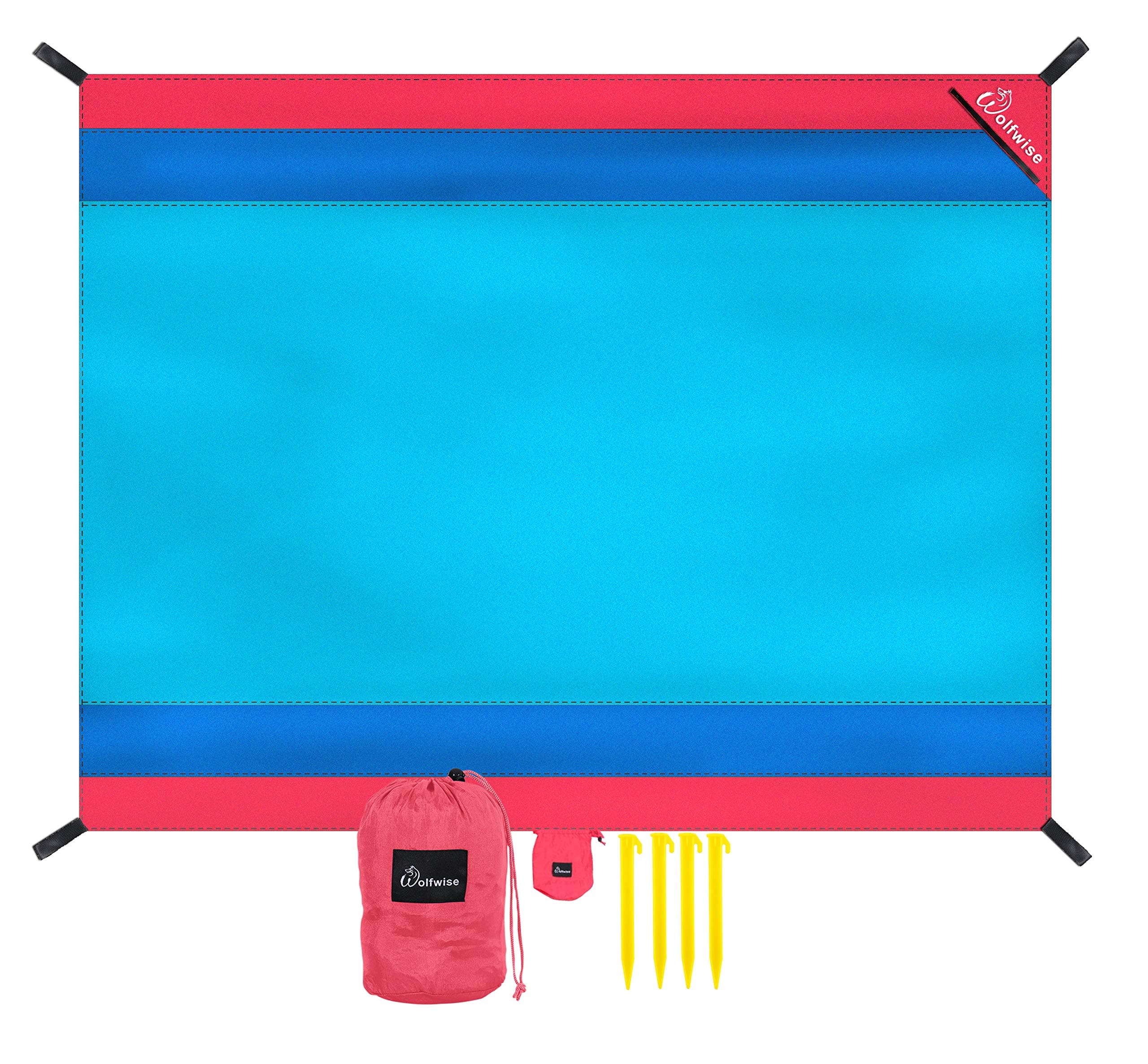 WolfWise Water-Resistant Beach Blanket, Extra Large 106“x82.5”Sand Escape Super Soft Nylon Beach Mat for Travel Camping Hiking Picnic, Lightweight Machine Washable with Corner Pockets, Blue