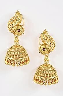 MEENAZ Gold Traditional Temple Jewellery 18k One Gram Gold Ethnic Brass Stylish South Indian Ghungroo Screw Back Studs Meenakari Peacock Ruby Jhumki Earrings Set for Women -JHUMKI-M143