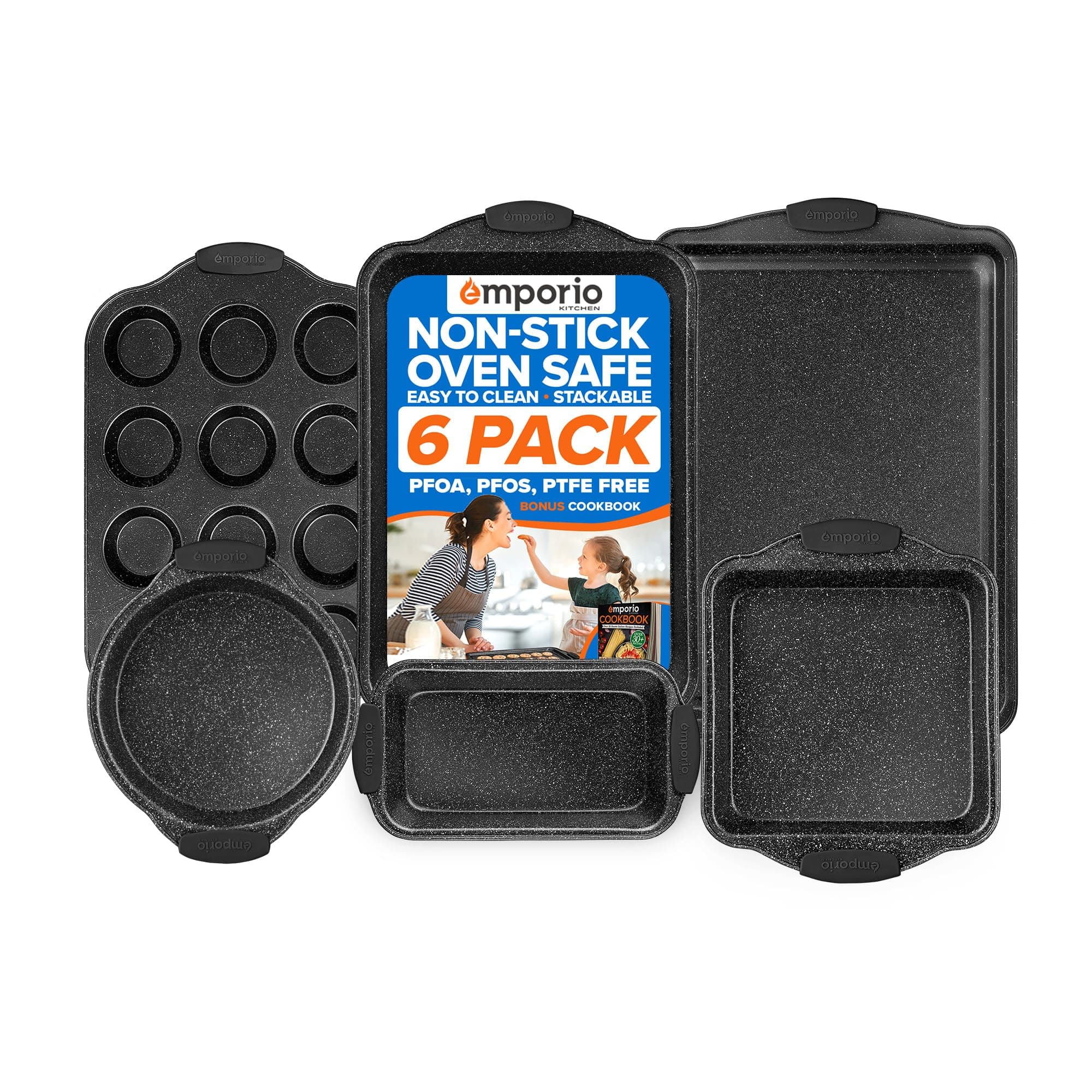 Baking Pan Set - Nonstick Coating, Carbon Steel Bakeware Sets with Gray Silicone Handles, PFOA, PFOS, PTFE Free, Recipe Booklet Included, Oven Safe Tray (Up To 450° F), Set of 6 - Gray