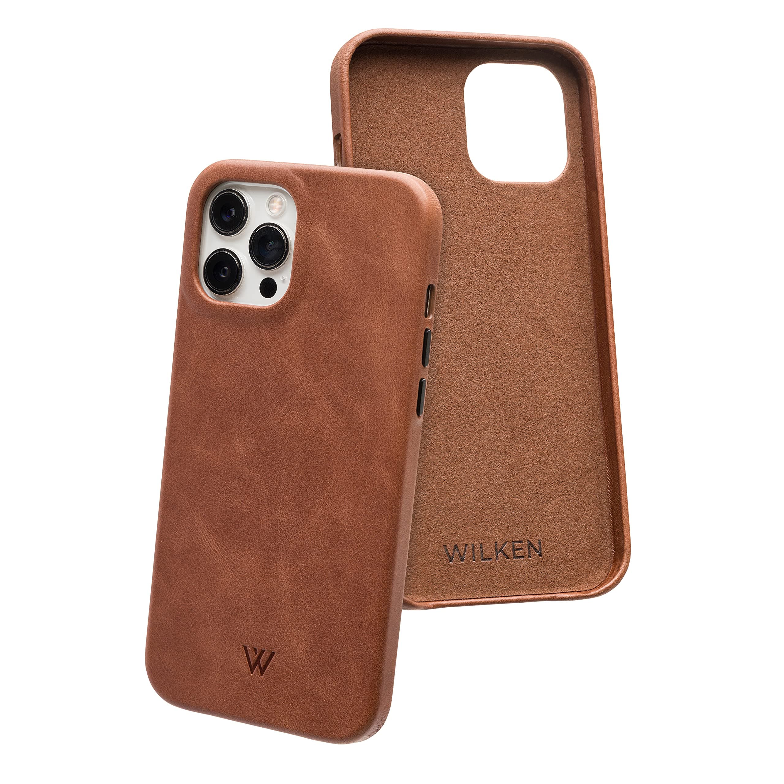 Wilken iPhone Leather Wrapped Case | Compatible with MagSafe and Wireless Charging | Top Grain Leather | Lip Screen Protection | Custom Metal Button Controls (12 Pro Max, Brown)